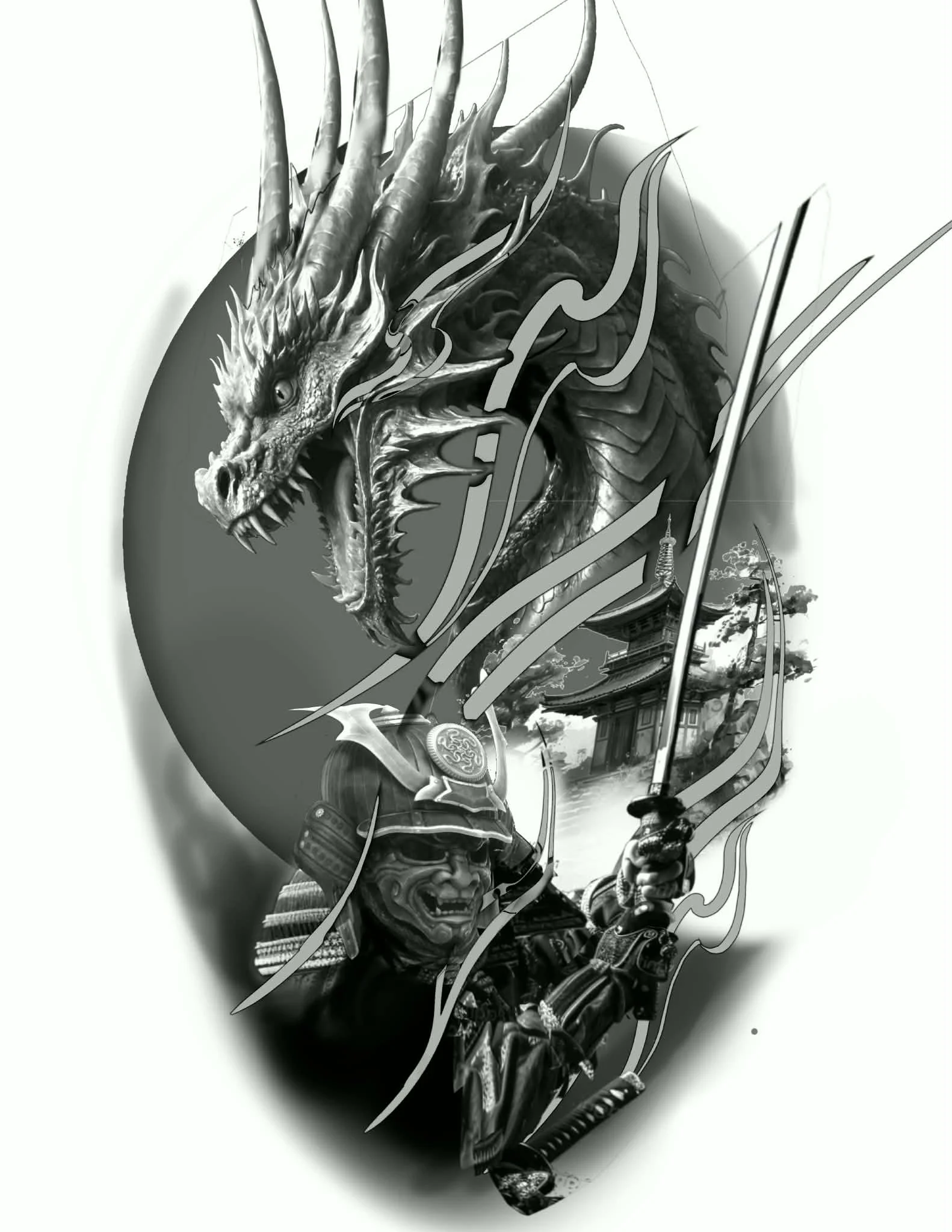A black and white illustration of a dragon with large horns and sharp teeth, holding a sword, with traditional Asian style architecture and mountains in the background.