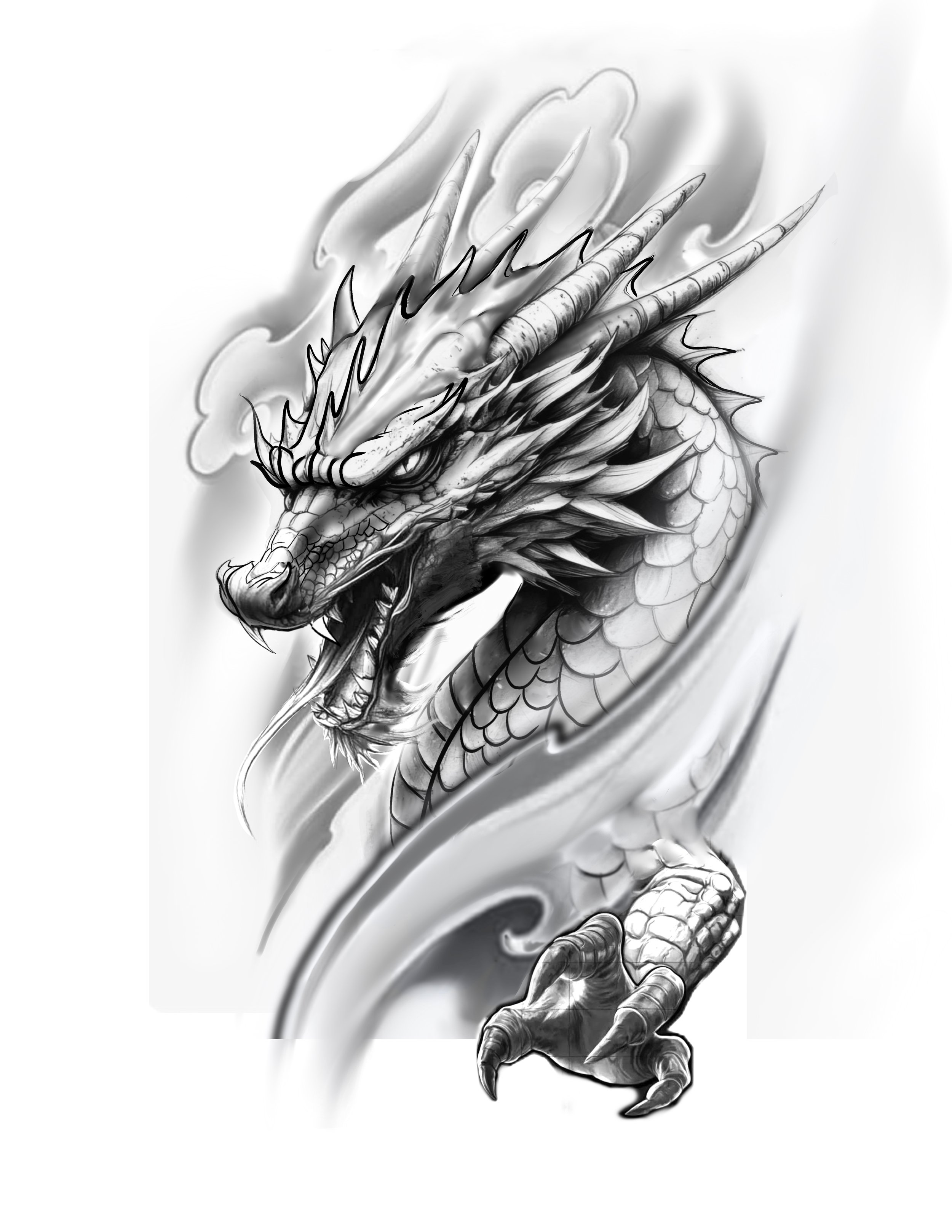 Black and white illustration of a dragon with detailed scales, horns, and claws, breathing fire.