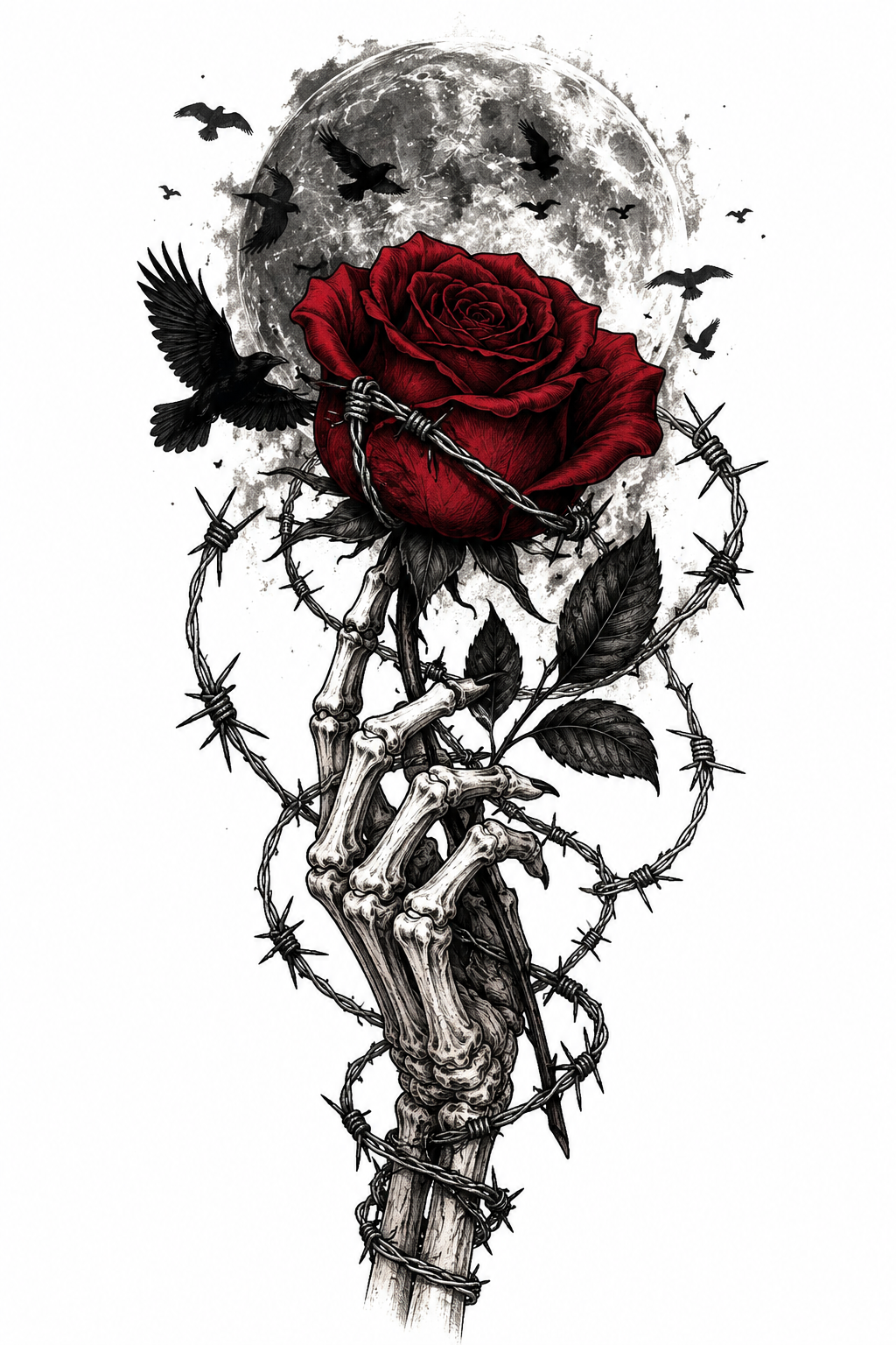 A skeleton hand holding a red rose wrapped in barbed wire, with a background of a full moon and flying blackbirds.