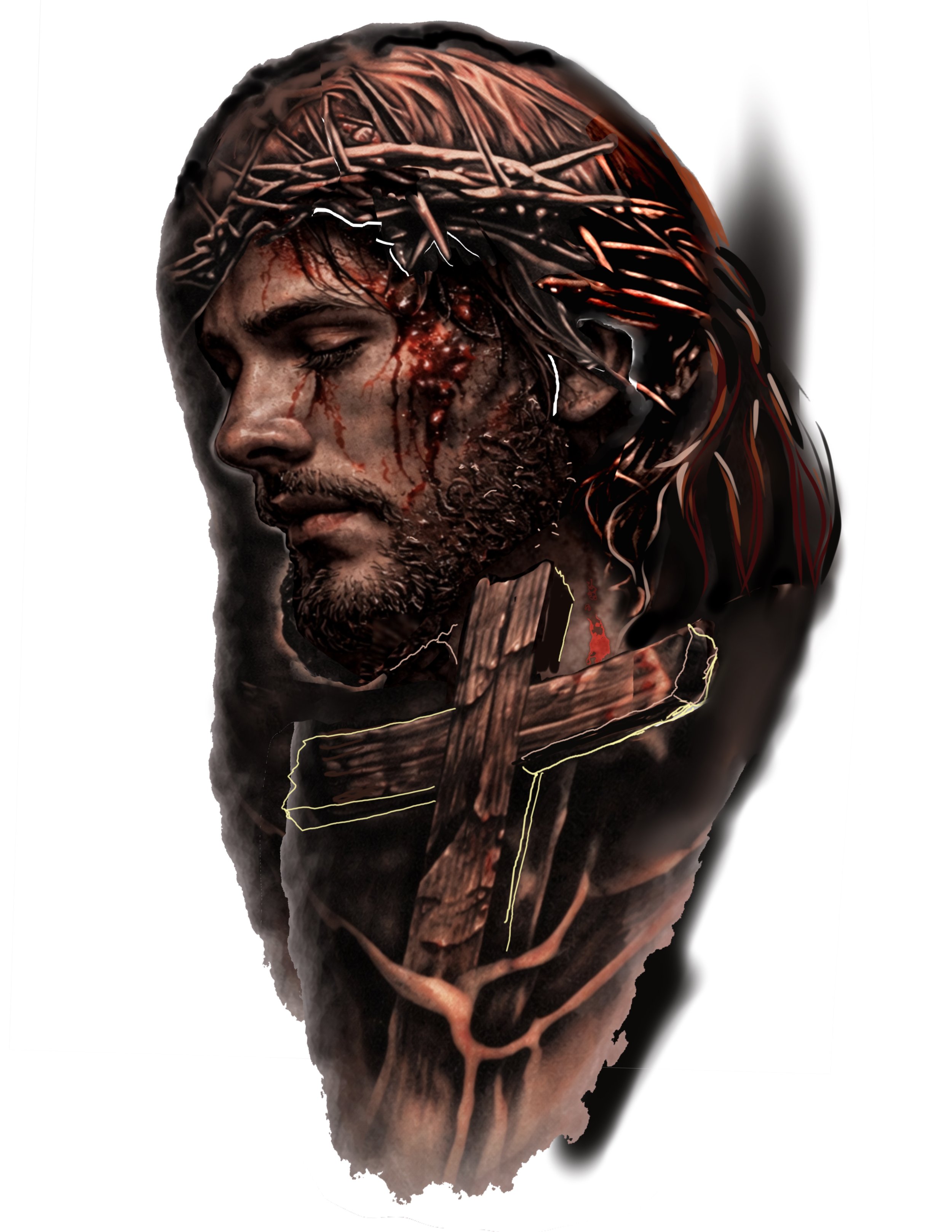 An artistic representation of Jesus Christ wearing a crown of thorns, with blood and wounds on his face, depicted in a dark, dramatic style.