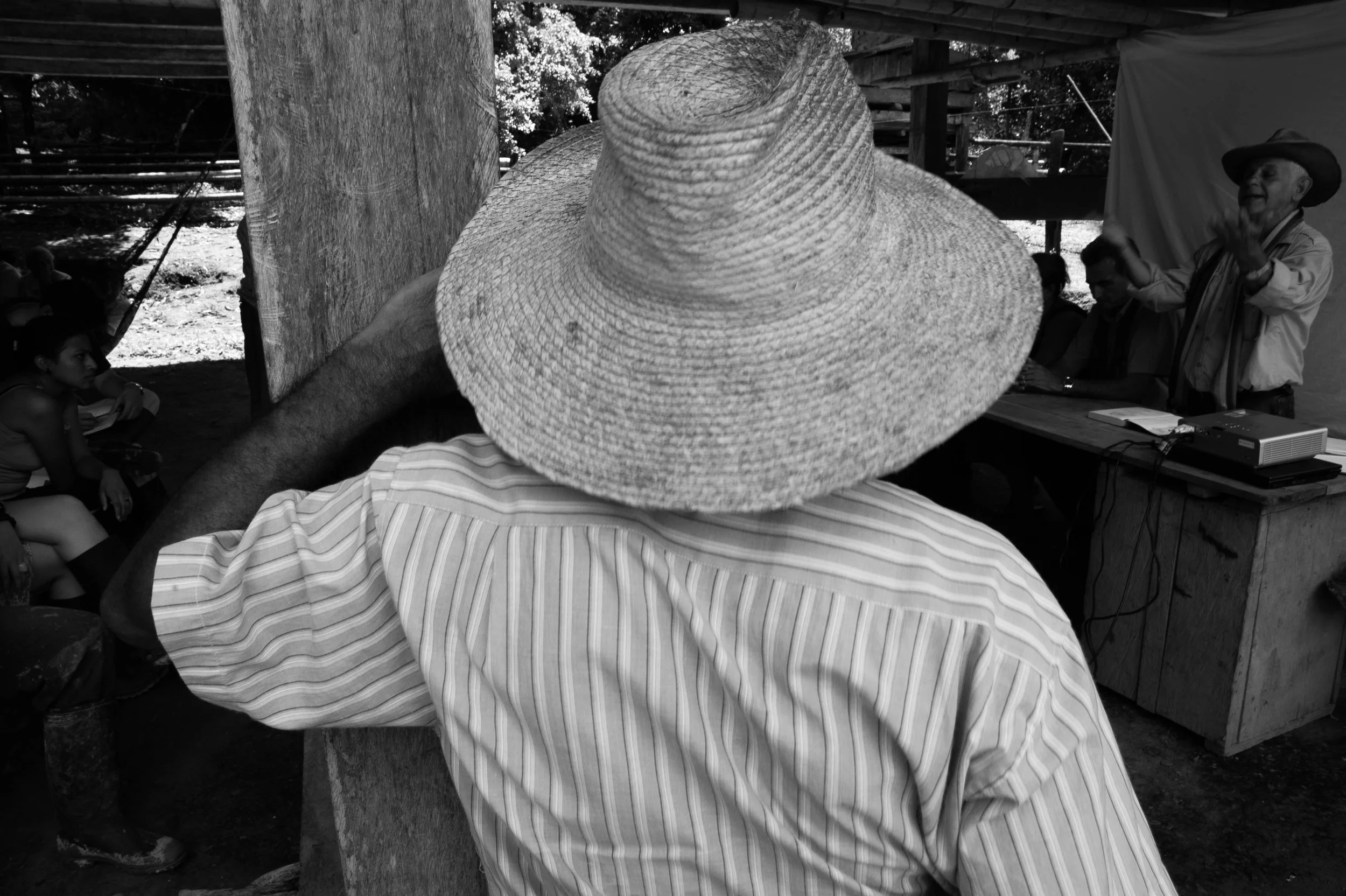 A black and white photo of a man wearing a large straw hat and striped shirt, seen from behind, listening to a speaker at an outdoor gathering with seated audience members and trees in the background.