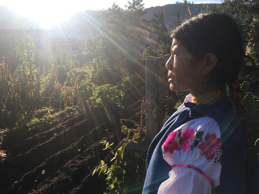 Woman in traditional dress standing in a garden with the sun shining brightly behind her.