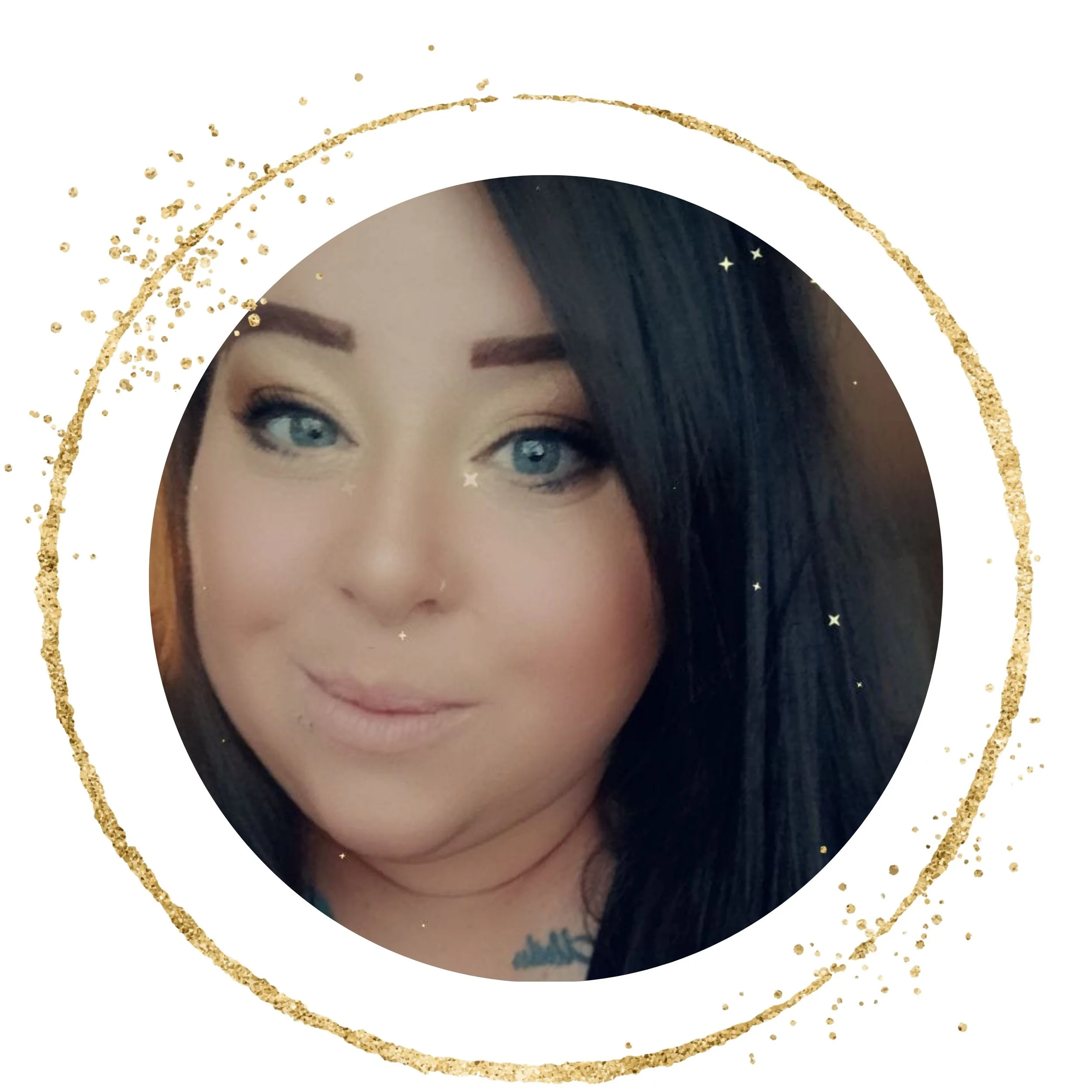 Close-up of a woman with long dark hair, wearing makeup, framed by a golden glittery circle on a white background.