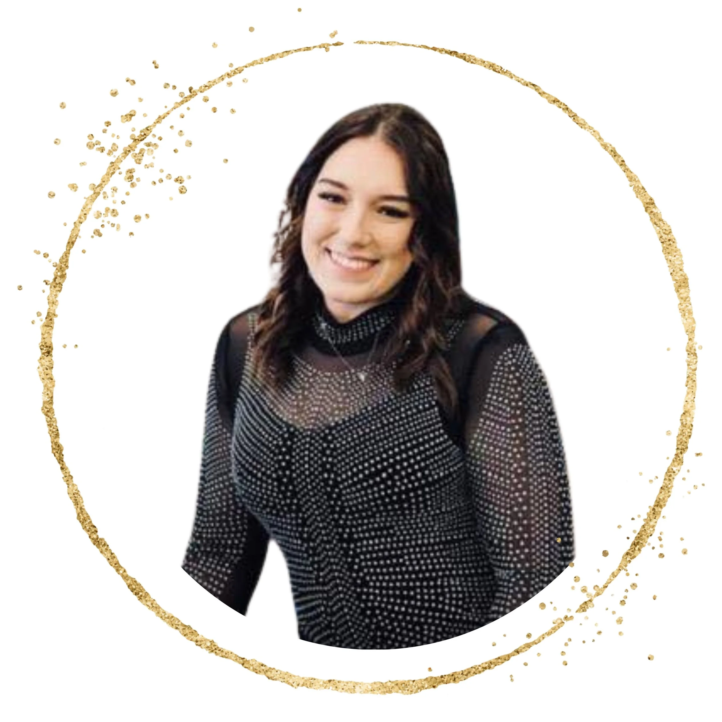 A woman with long brown hair smiling, wearing a black polka dot top, surrounded by a decorative gold sparkly circle on a white background.