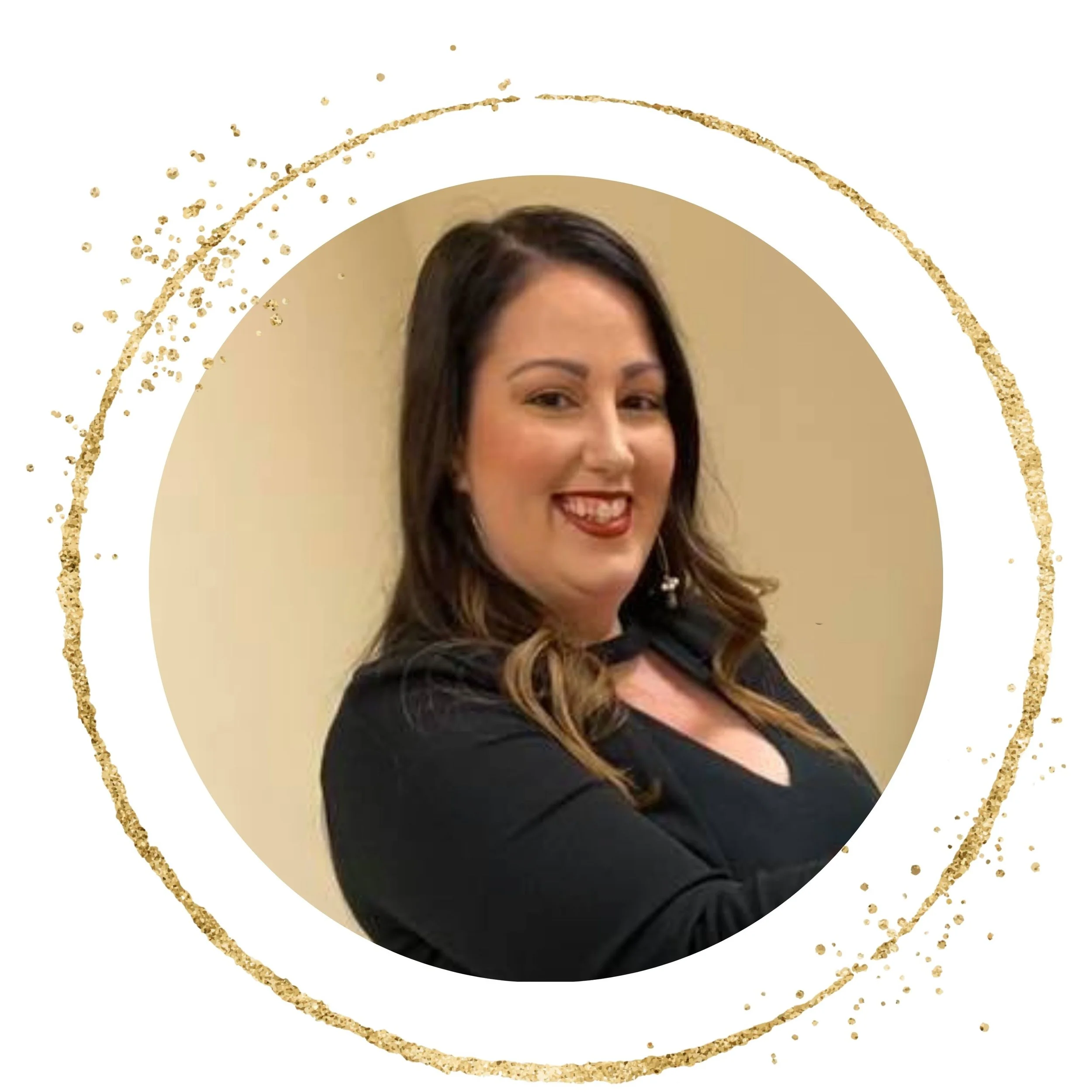 Portrait of a smiling person with long brown hair, wearing a black top. The image is bordered by a decorative gold circle.