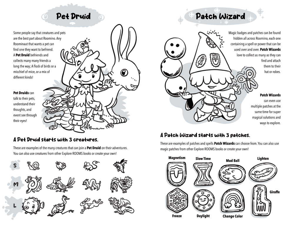 Pages from the Fantasy Explore ROOMS Setting book, showcasing the Pet Druid surrounded by animals, and the Patch wizard using multiple patches as spells.