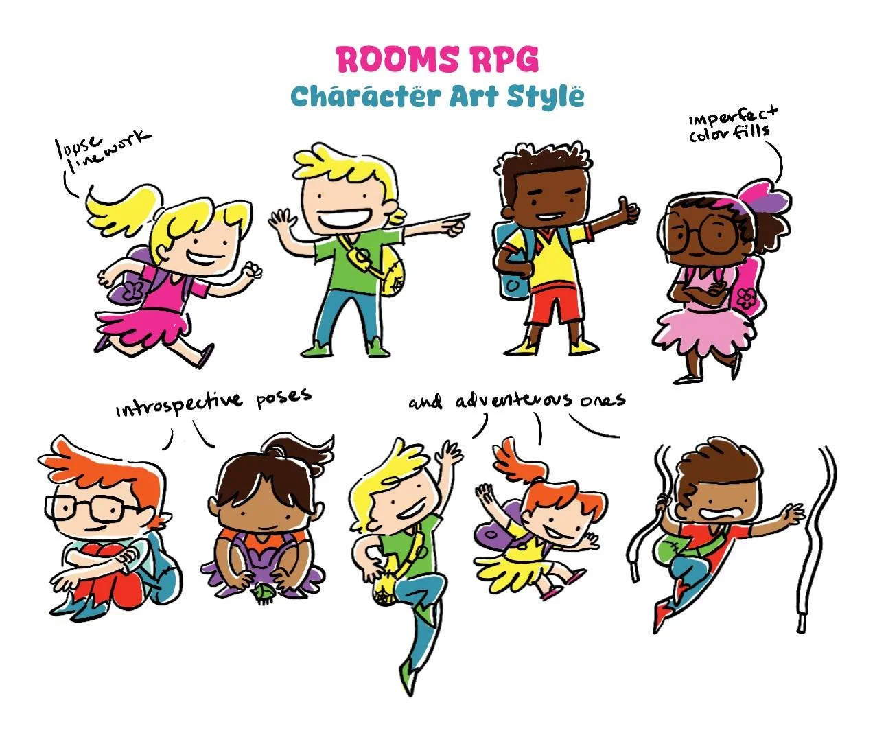 A sketch of 9 young kids in a cartoony style with sketchy lines and rough coloring.