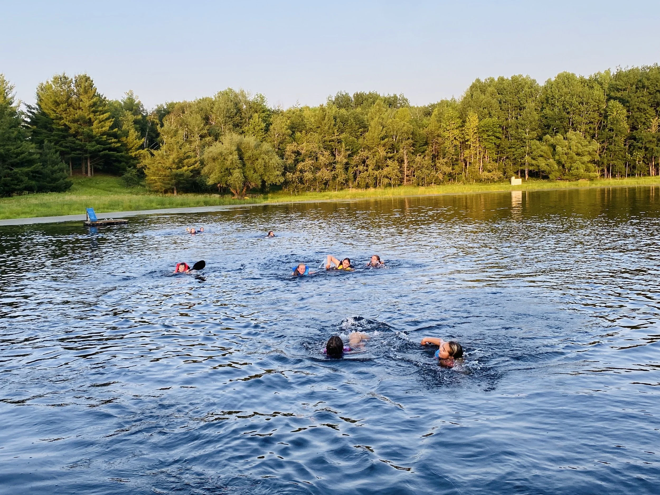 People swimming in a lake surrounded by trees on a sunny day.