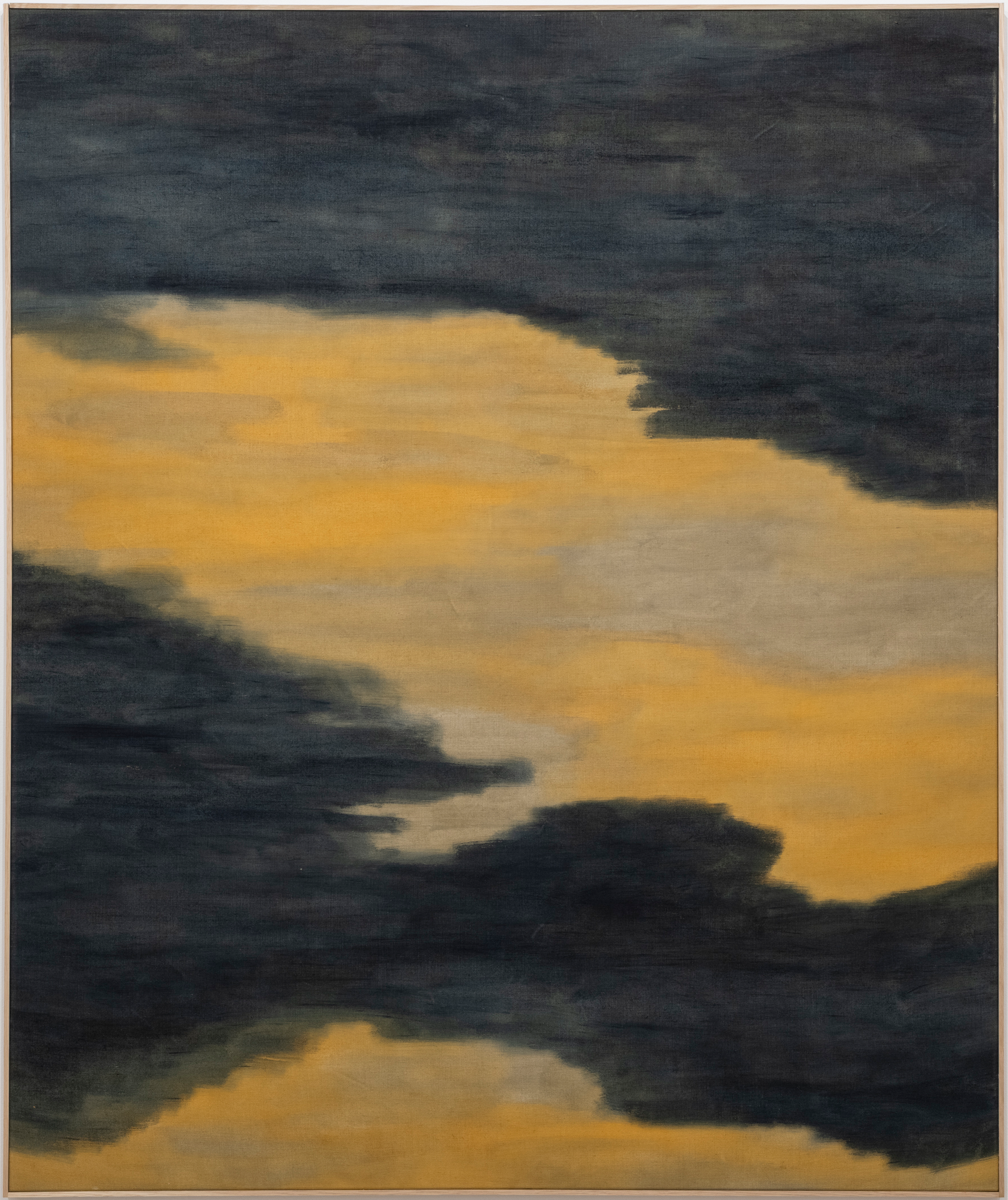 A dark-colored abstract painting with textured brushstrokes, framed with a simple light wooden border.