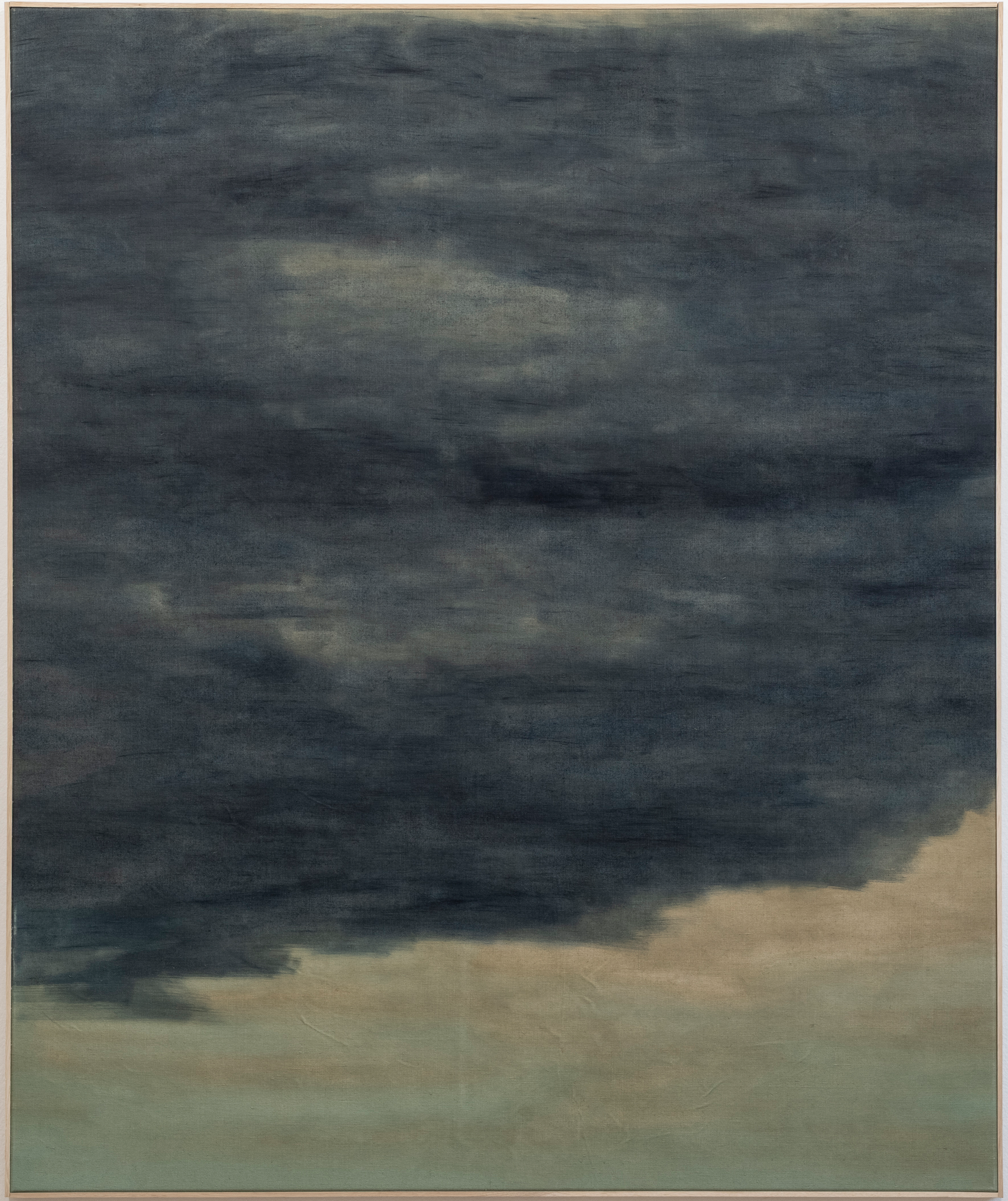 Abstract painting with dark, muted tones and textured surface framed in wood.