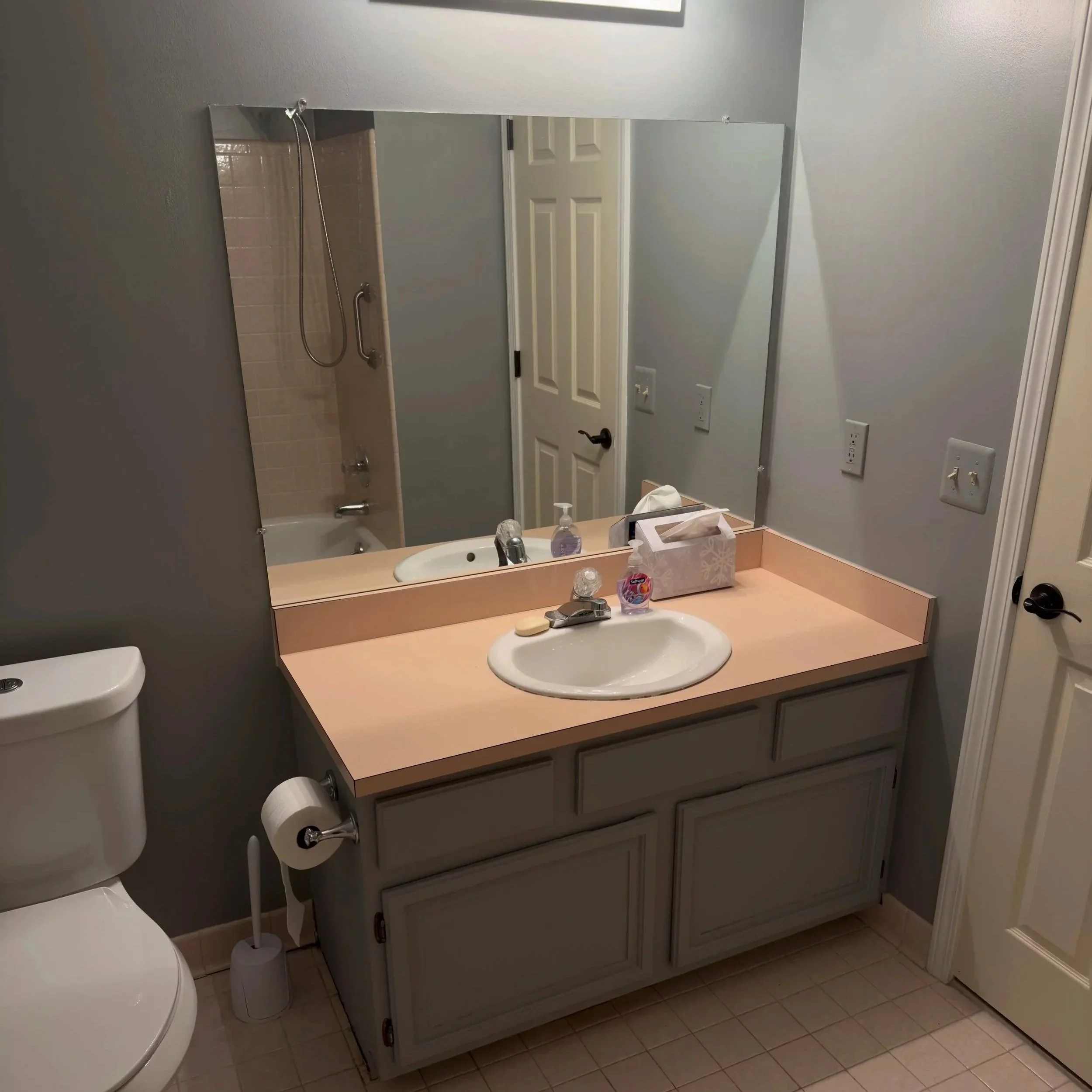 Bathroom with beige vanity, large mirror, sink, soap, tissue box, purple hand sanitizer, toilet paper, toilet, bathtub with shower, and closed door.