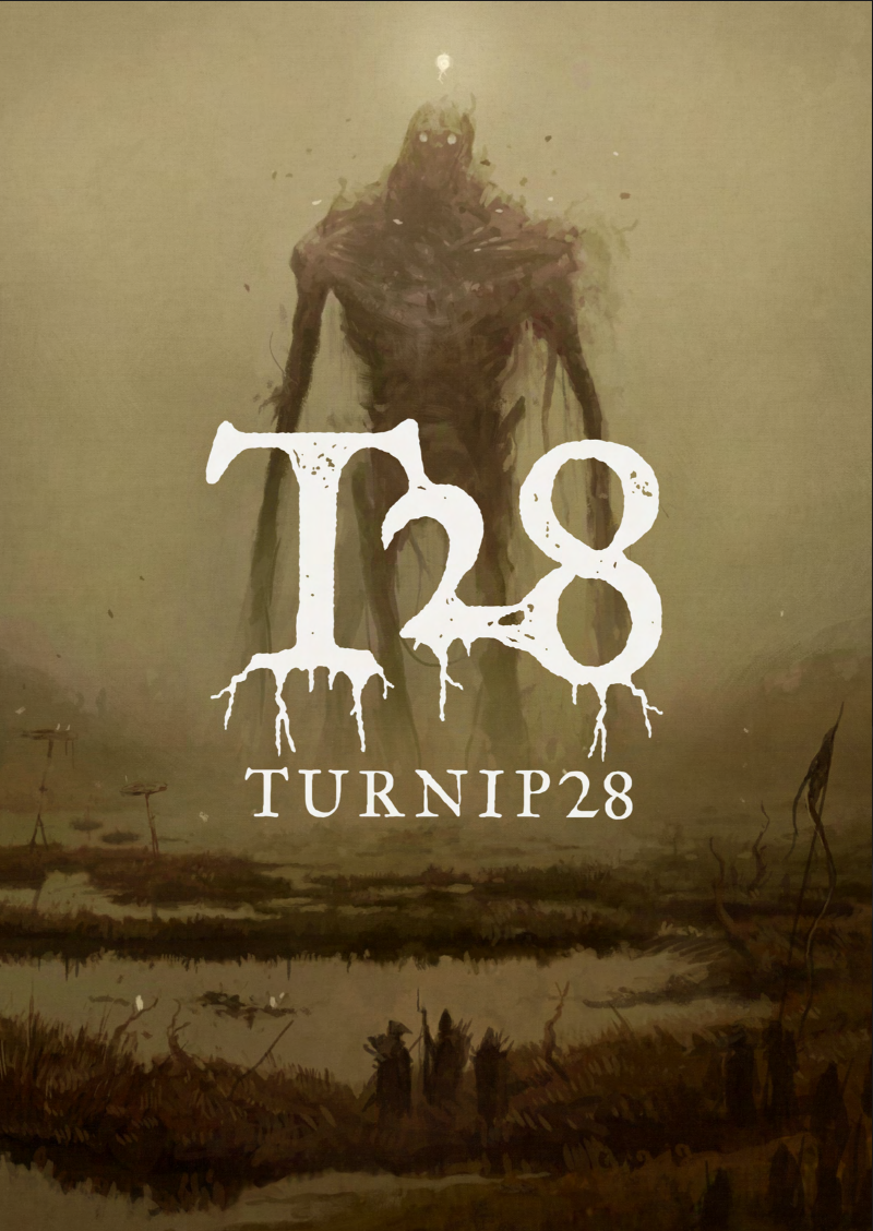 A dark, eerie painting of a tall, humanoid creature with glowing eyes, standing in a swampy landscape. The text "T28" with dripping effects and "TURNIP28" are overlaid on the image.