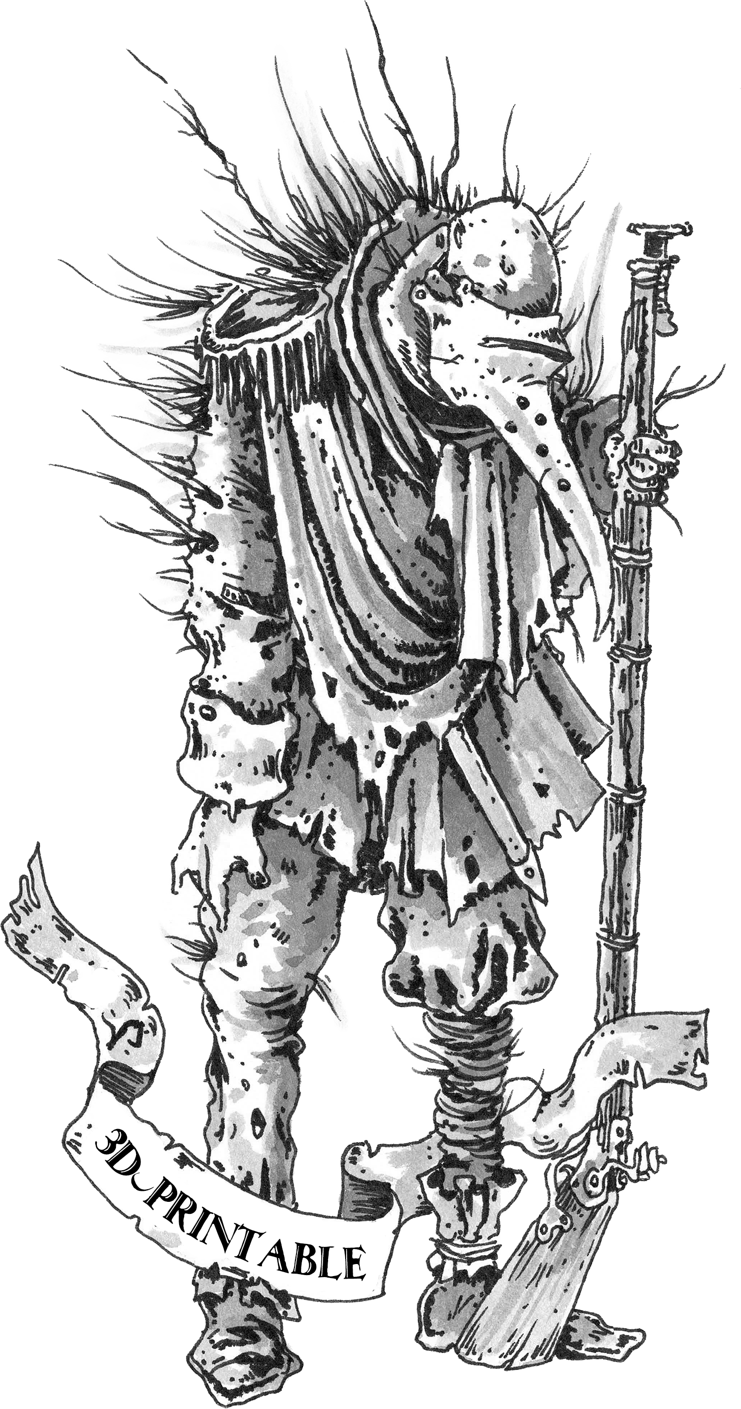 A black and white illustration of a mythical creature with a human-like body, bird-like head, and dragon features, holding a staff, with a banner reading '3D PRINTABLE'.