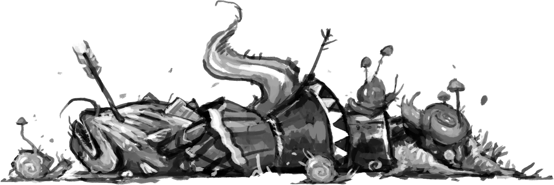 Black and white illustration of a car wreck with a toppled vehicle, broken parts, and debris scattered around.