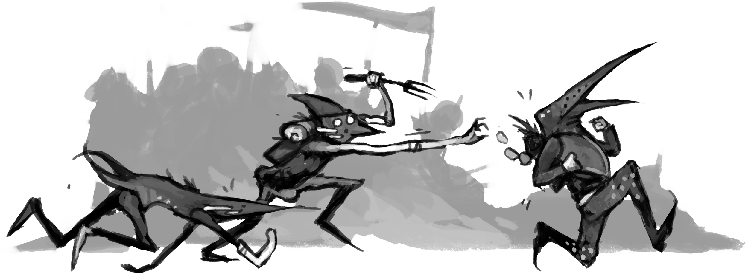 Two insect-like creatures with humanoid features are engaged in a battle. One is on the left, crouching with an outstretched arm, while the other is on the right, standing and holding a wand or staff, with wings spread wide. The background appears smoky or foggy, suggesting a conflict or dramatic scene.