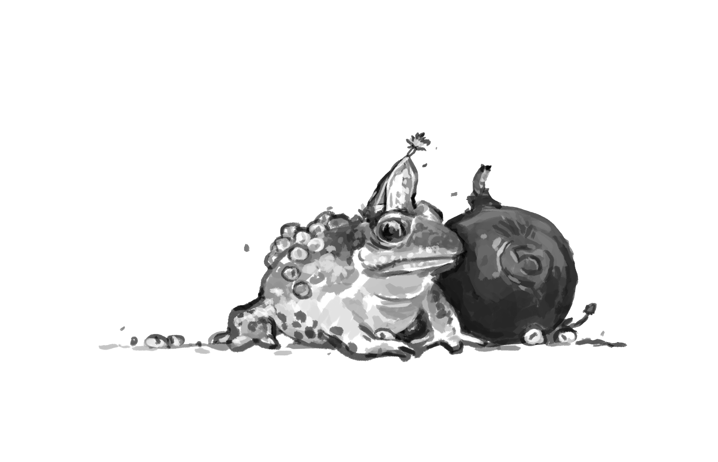 Illustration of a toad wearing a party hat beside a gourd.