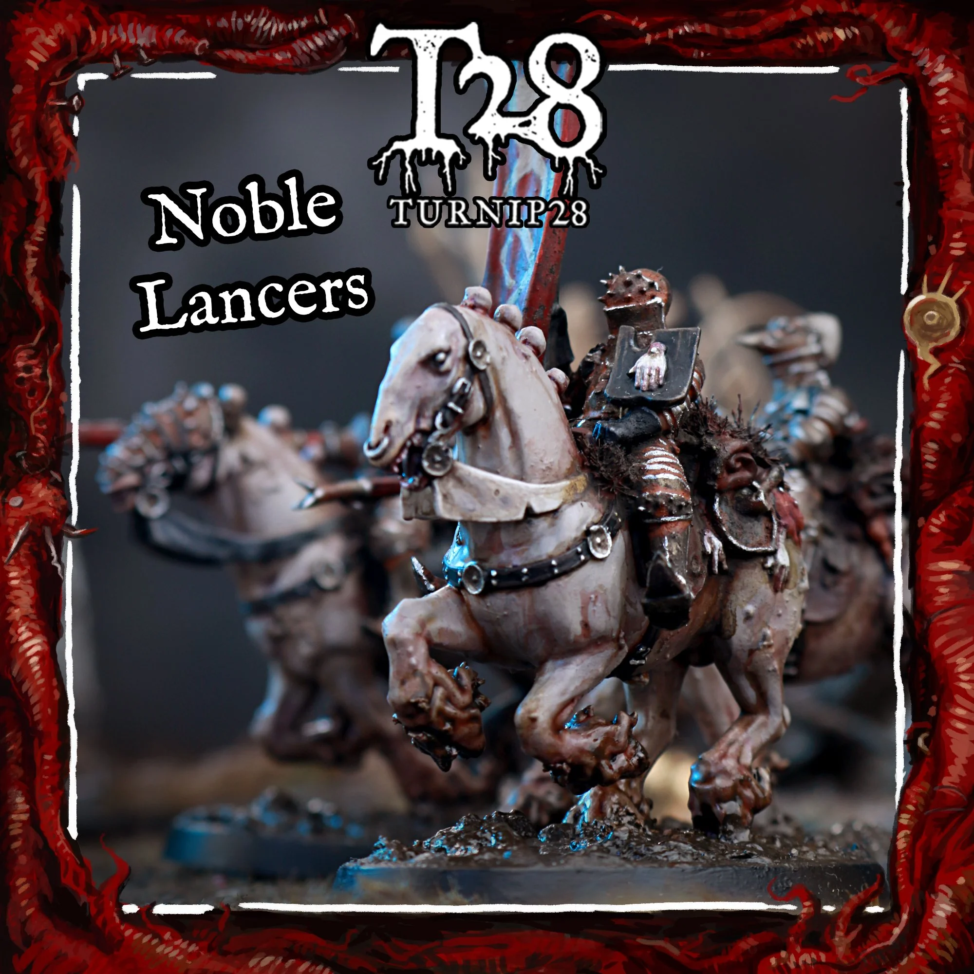 Miniature painted model of a noble cavalry lancer riding a rearing horse, with other cavalry miniatures in the background, game-themed with a decorative red and black border.