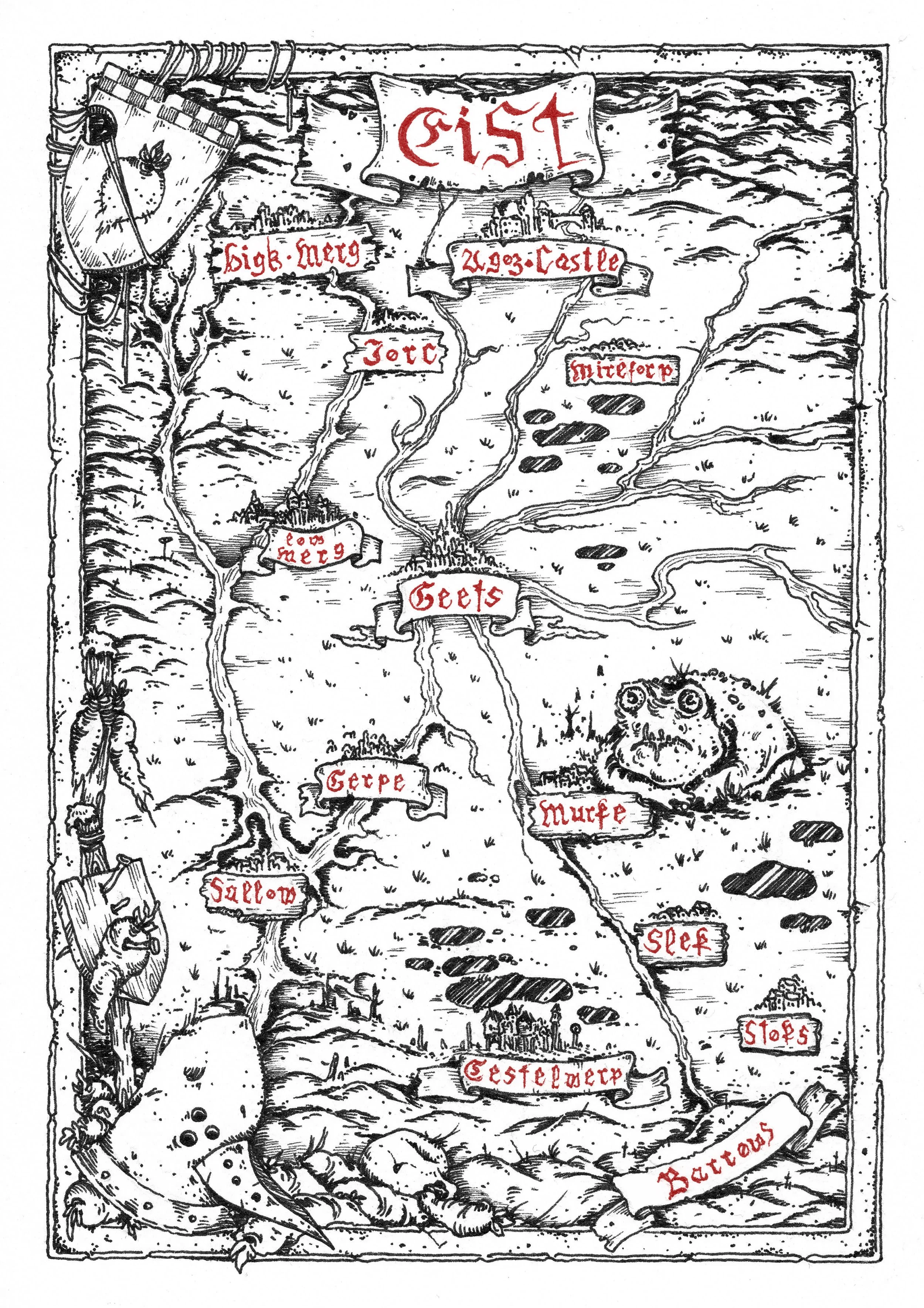 A hand-drawn map of a fantasy land with labeled locations, including a castle, hills, and rivers. The map features whimsical illustrations of a frog, a dragon, and a tree, with some text written in red Gothic-style font.