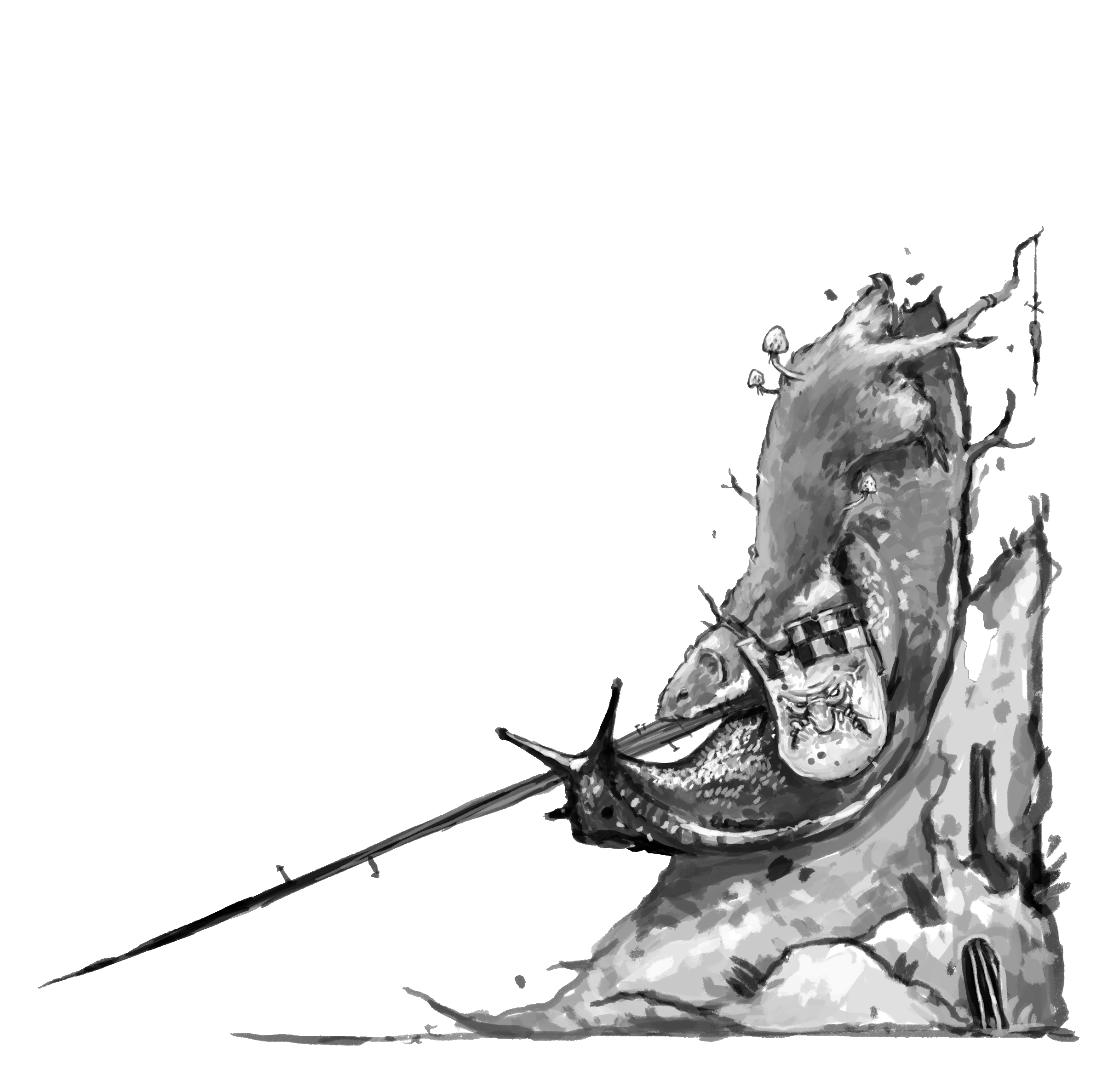 A detailed grayscale illustration of a large fish with a human face, wearing a checkered scarf, and a giant nose, depicted with a fishing hook in its mouth. The fish's body is suspended and attached to a fishing line extending out of the frame.