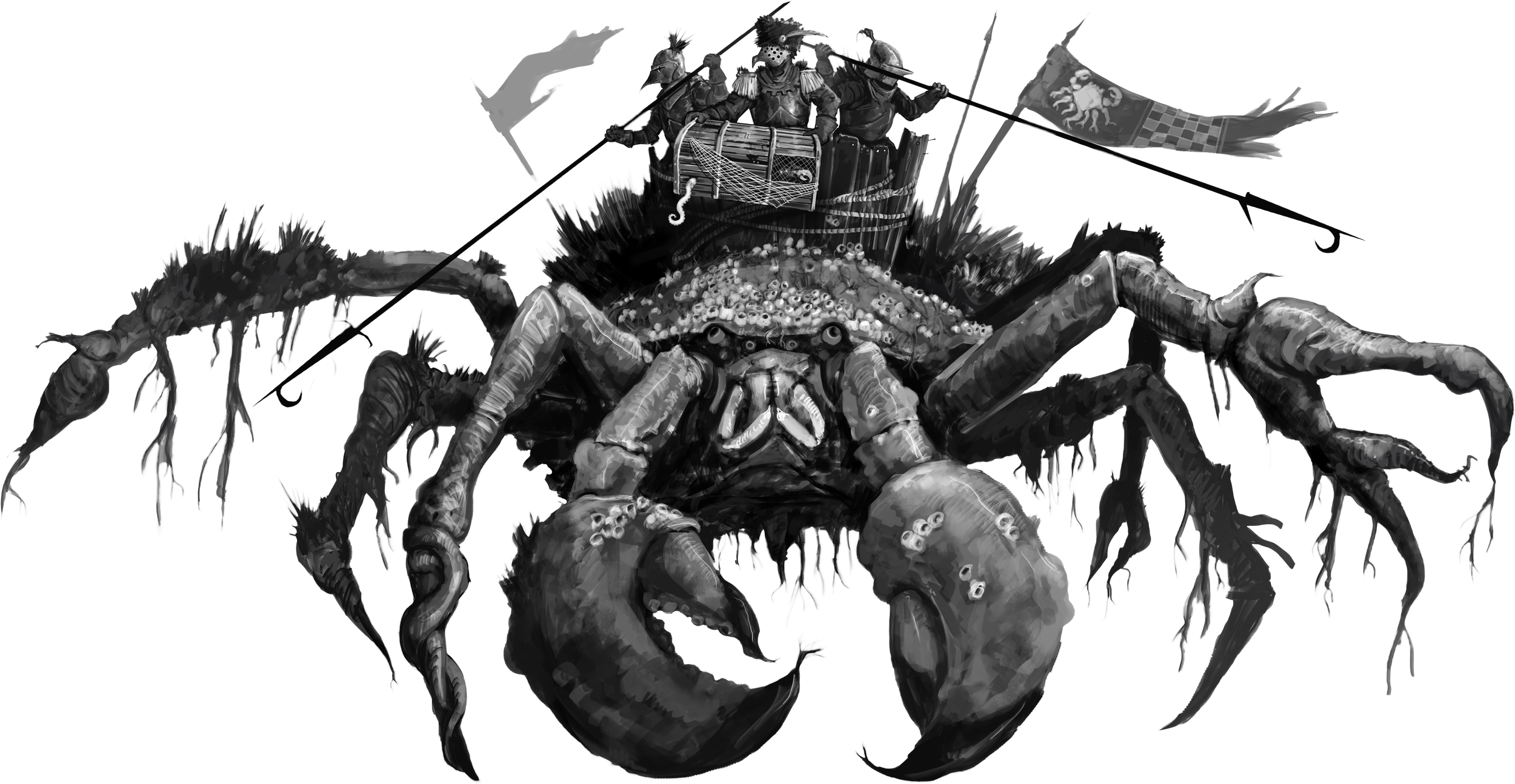 A giant crab carrying a small sailing boat with three people and a flag with a lion emblem on its back.