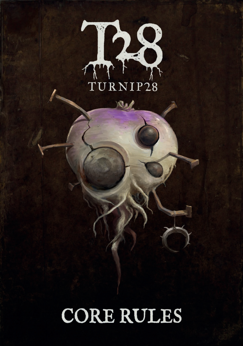 A dark poster featuring a skull with plant-like roots, mechanical parts, and pins, with the text "T28 TURNIP28" at the top and "CORE RULES" at the bottom.