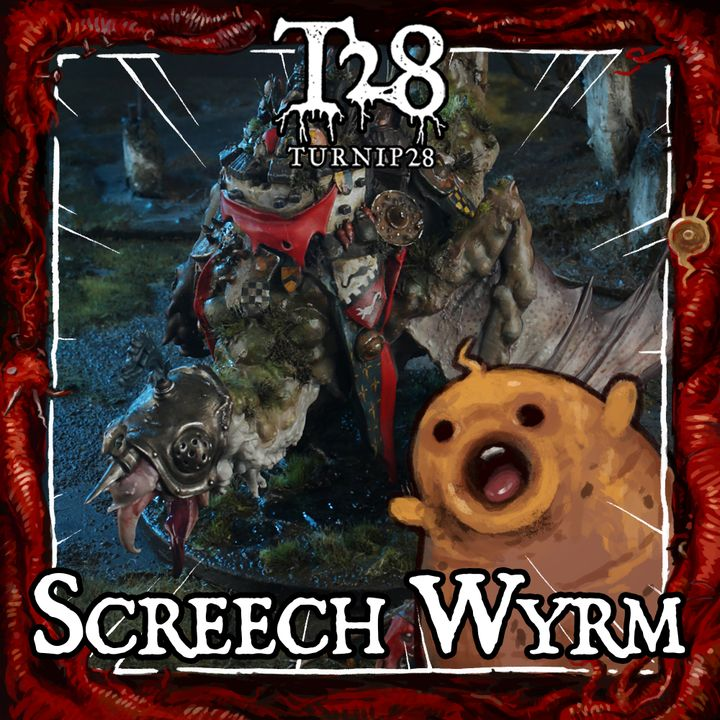 A digitally edited image featuring a figure in creature-like clothing with armor, a pig mask, and accessories, set against a dark, fantasy-style background. There is a cartoonish bear with an open mouth and wide eyes in the lower right corner. Decorative elements include a red border, white scratches, and text that reads "T8 TURNIP28" at the top and "SCREECH WYRM" at the bottom.