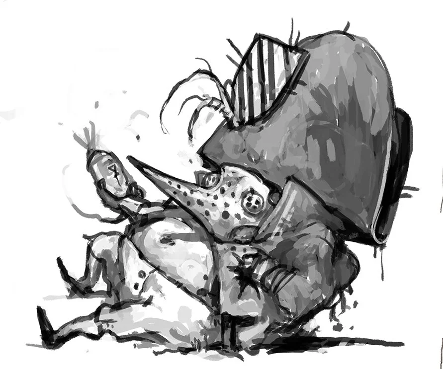 Surreal illustration of a whimsical creature with a large head and mask, sitting and holding a fish.