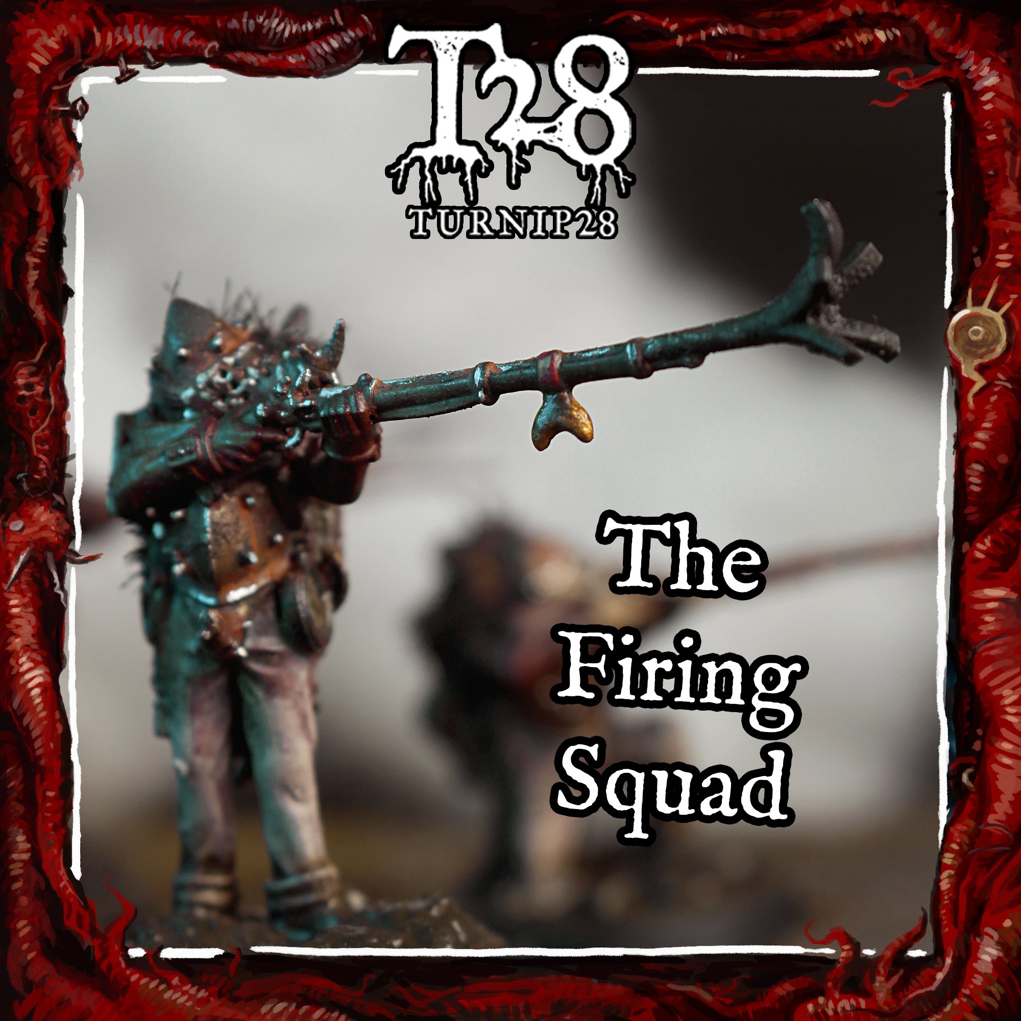 Miniature figure of an orc warrior holding a spear, with another figure blurred in the background, on a tabletop gaming surface, with a dark and red themed border and the text "The Firing Squad" and "TURN I P 28".