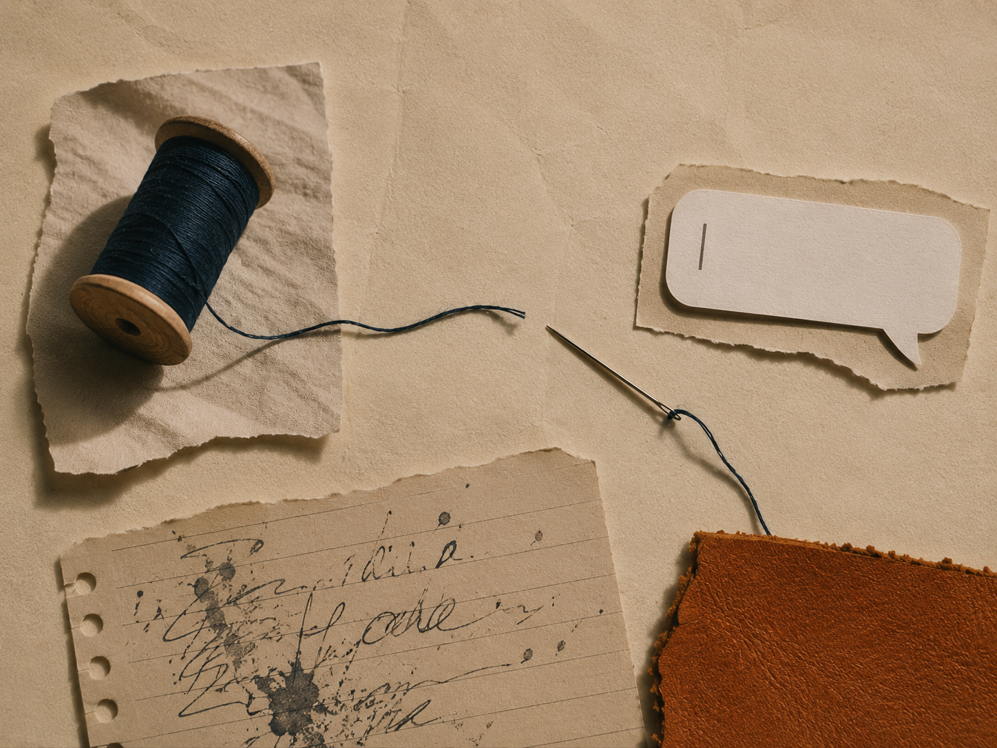 Close-up of a spool of dark thread, a needle with a piece of thread, a torn piece of paper with handwritten text and ink splatters, a paper speech bubble with the letter 'I', and a piece of brown textured fabric on a beige surface.