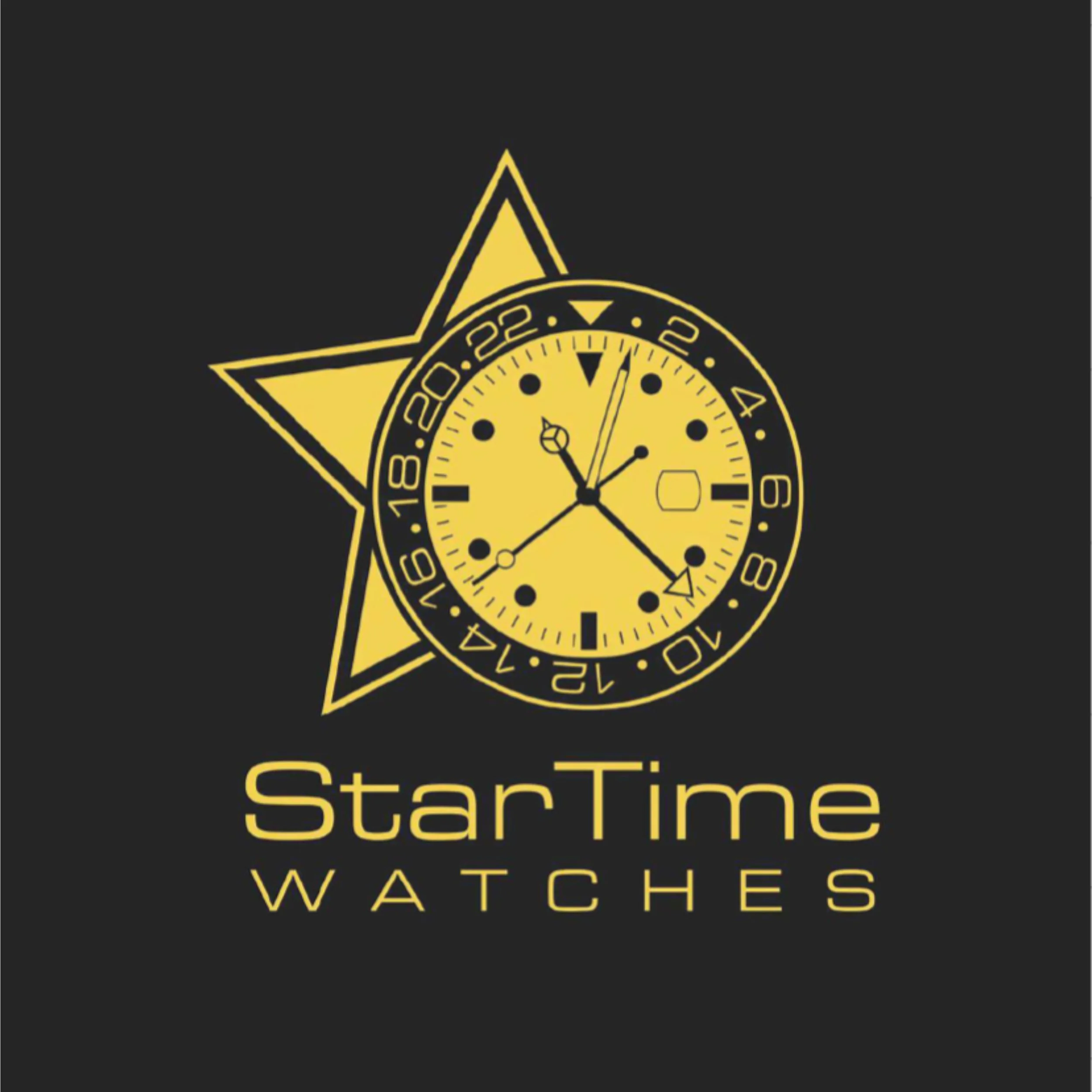 Logo di un orologio con sfondo nero, con una stella e un orologio gialli al centro, e il testo "StarTime Watches" in giallo.
