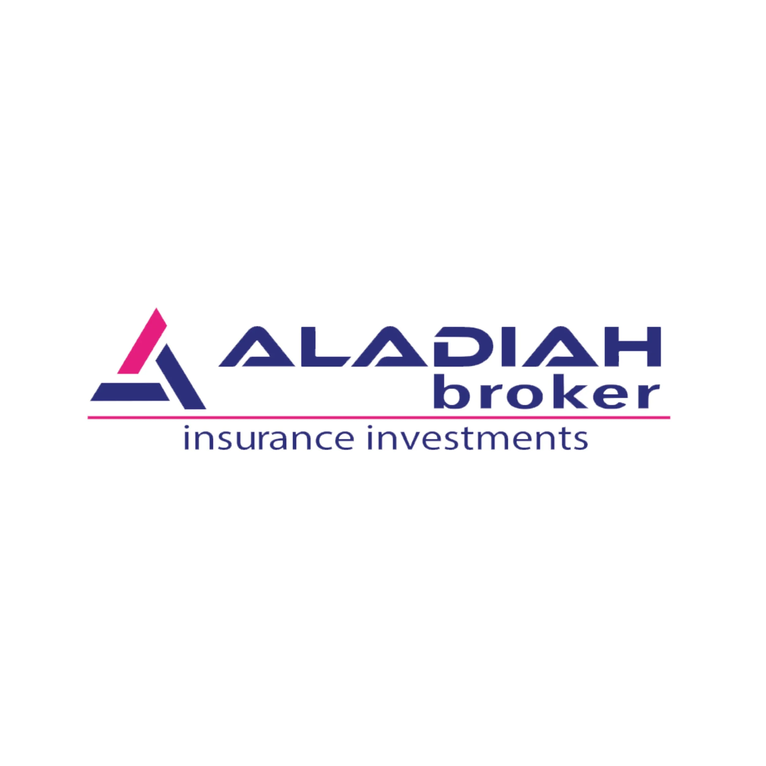 Logo di Aladiah Broker con simbolo di una montagna stilizzata, testo 'Aladiah Broker' e slogan 'assicurazioni investimenti' sotto una linea rosa.