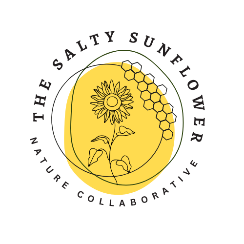 Logo featuring a sunflower, honeycomb, and a bee with the text 'The Salty Sunflower' and 'Nature Collaborative'