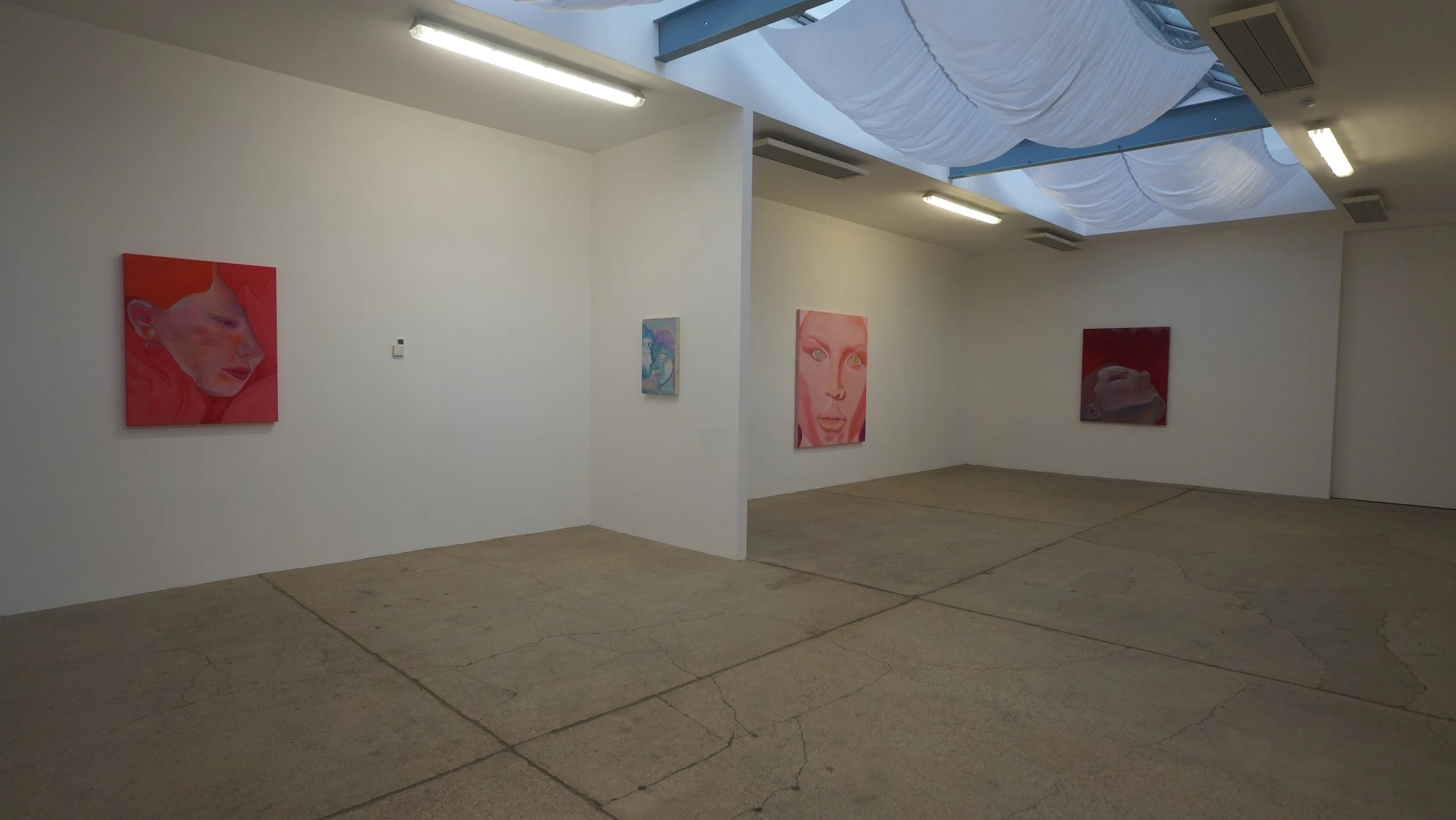 Menschen in einer Kunstgalerie, eine Frau spricht und zeigt auf ein Gemälde eines Gesichtes in Pink, andere stehen in einer Reihe und schauen zu.