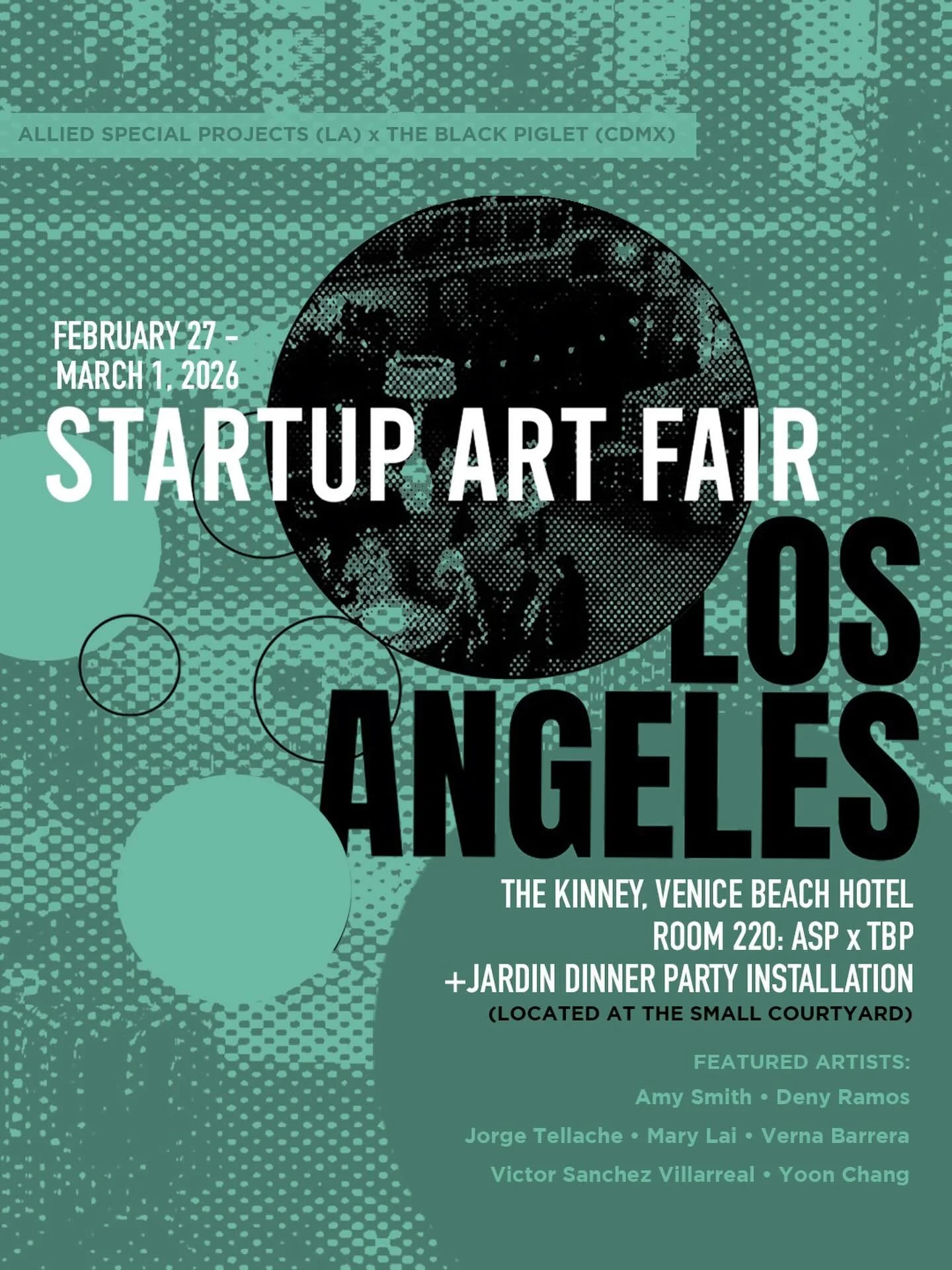 Counting down to @startupartfair in Los Angeles.⚡️ASP x TBP will bring another mix of CDMX &amp; LA Artists for &lsquo;Jardin Dinner Party&rsquo; in Room 220 plus an installation in the small courtyard.

The Kinney, Venice Beach Hotel
February 27 - M