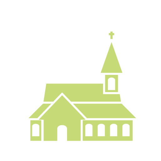 Line drawing of a church with a tall steeple topped with a cross, and a large entrance door, depicted in light green on a black background.