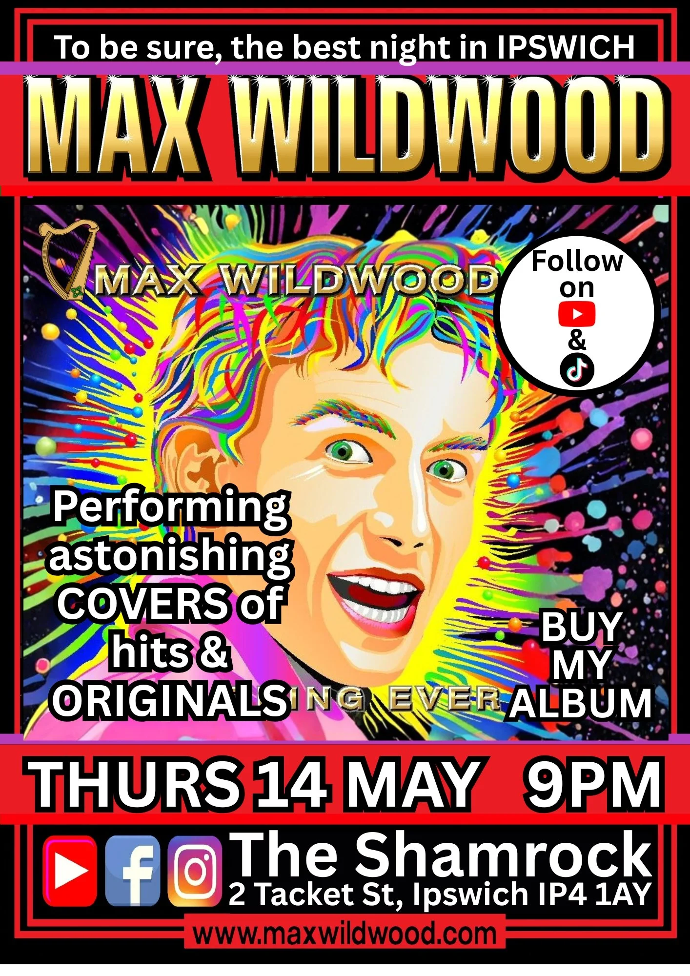 Promotional poster for Max Wildwood's album release event on Thursday, May 14 at 9 PM, featuring a colorful, animated portrait of Max Wildwood with vibrant paint splashes, a harp graphic, and social media icons for YouTube, Facebook, Instagram, and T