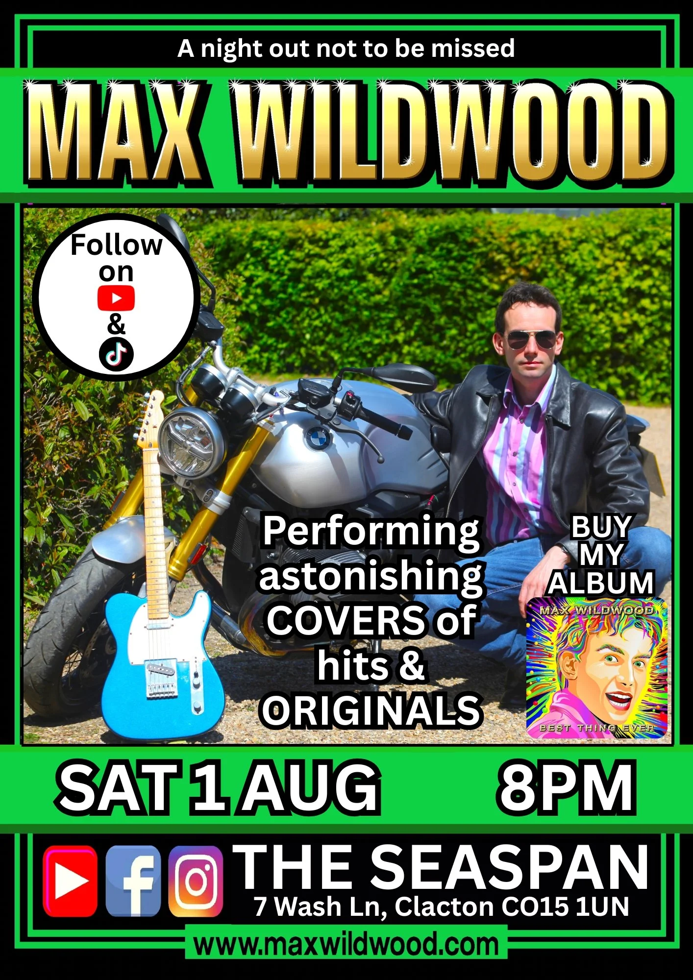 Advertisement for Max Wildwood performing covers of hits and originals at The Seaspan on Saturday, August 1 at 8 PM. Features a man in sunglasses and leather jacket sitting beside a motorcycle and an electric guitar, with a colorful album cover of Ma