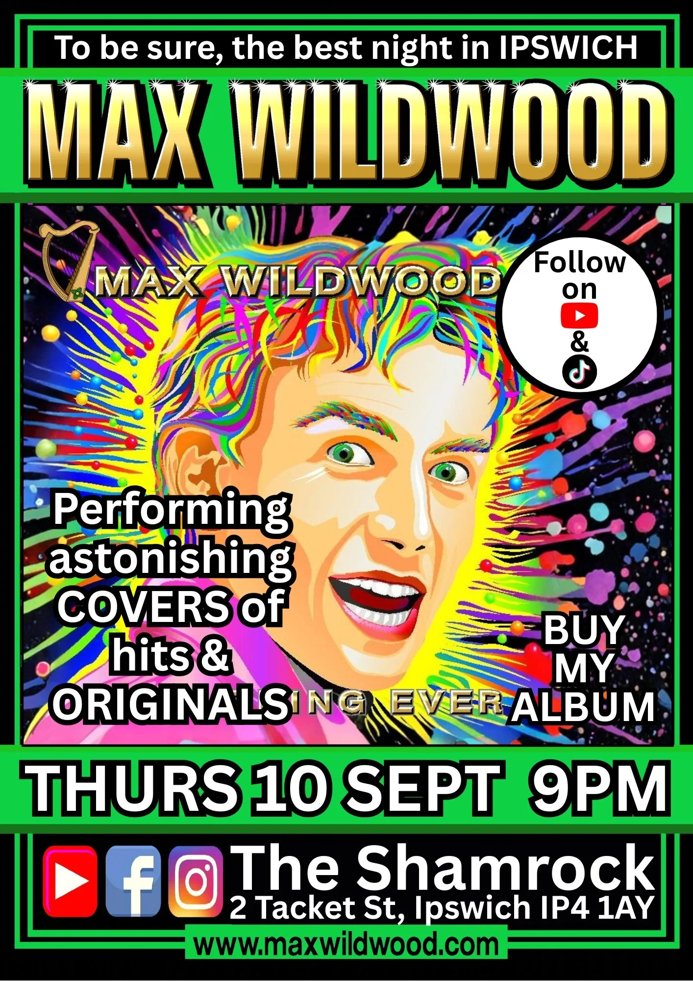 Colorful promotional poster for Max Wildwood's album release event. Features a cartoon portrait of Max Wildwood with vibrant hair, and text announcing the event date, time, and location, along with social media icons and a website link.