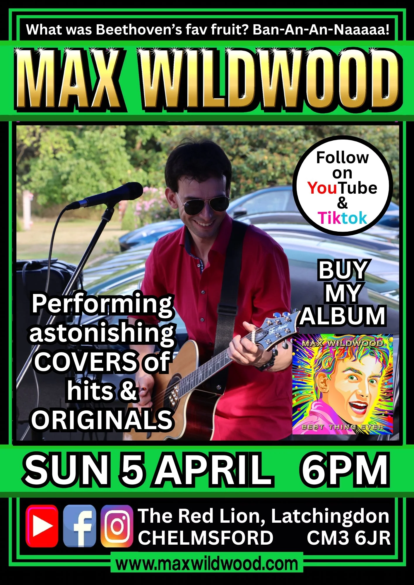 Promotional poster for Max Wildwood's upcoming music event on Sunday, April 5th at 6 PM at The Red Lion in Latchingdon, Chelmsford. Features an image of Max Wildwood playing the guitar and singing into a microphone with a background of cars and green