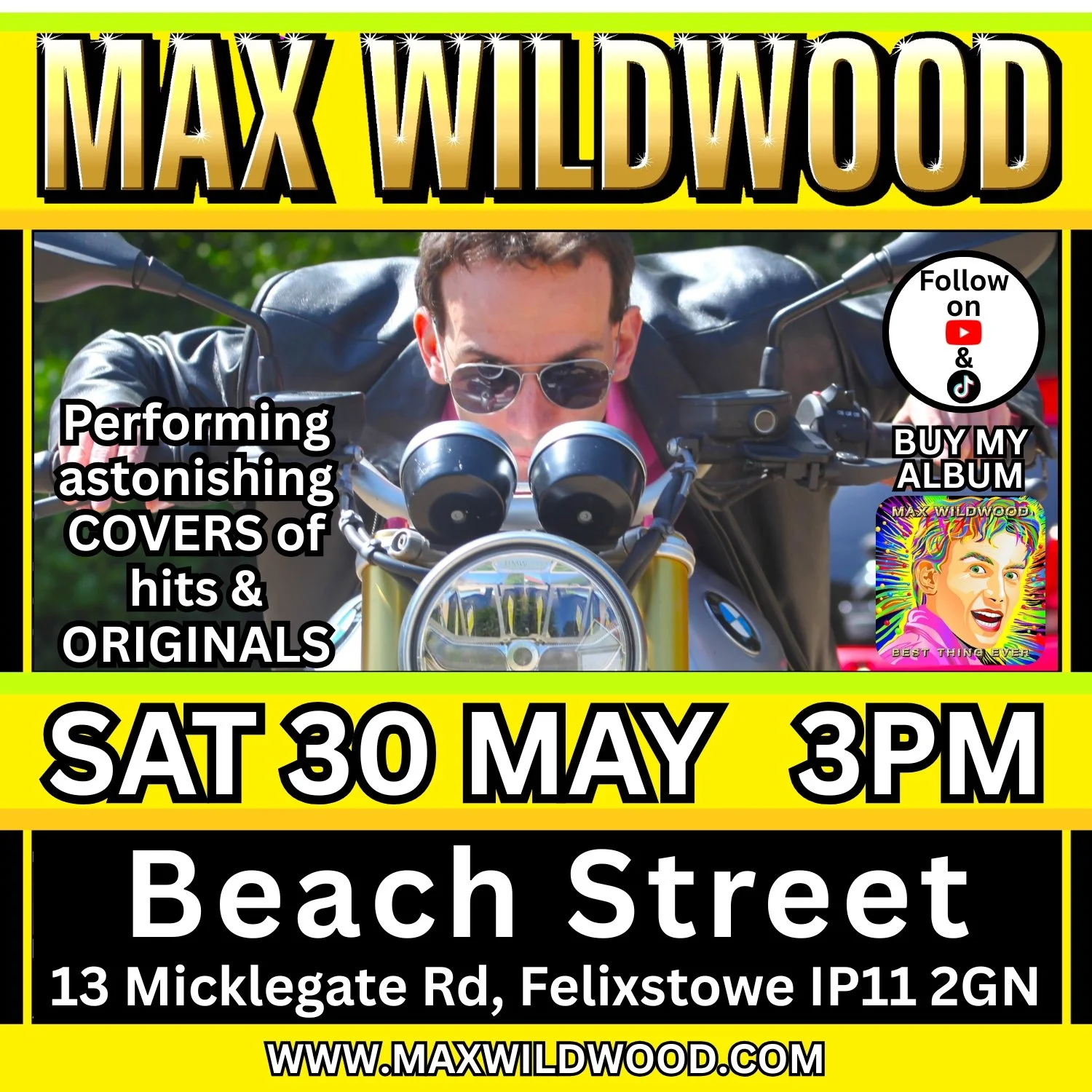 A promotional flyer for Max Wildwood's live music performance, showing Max Wildwood riding a motorcycle, with event details including date, time, location, and a note about his album release, along with social media icons.