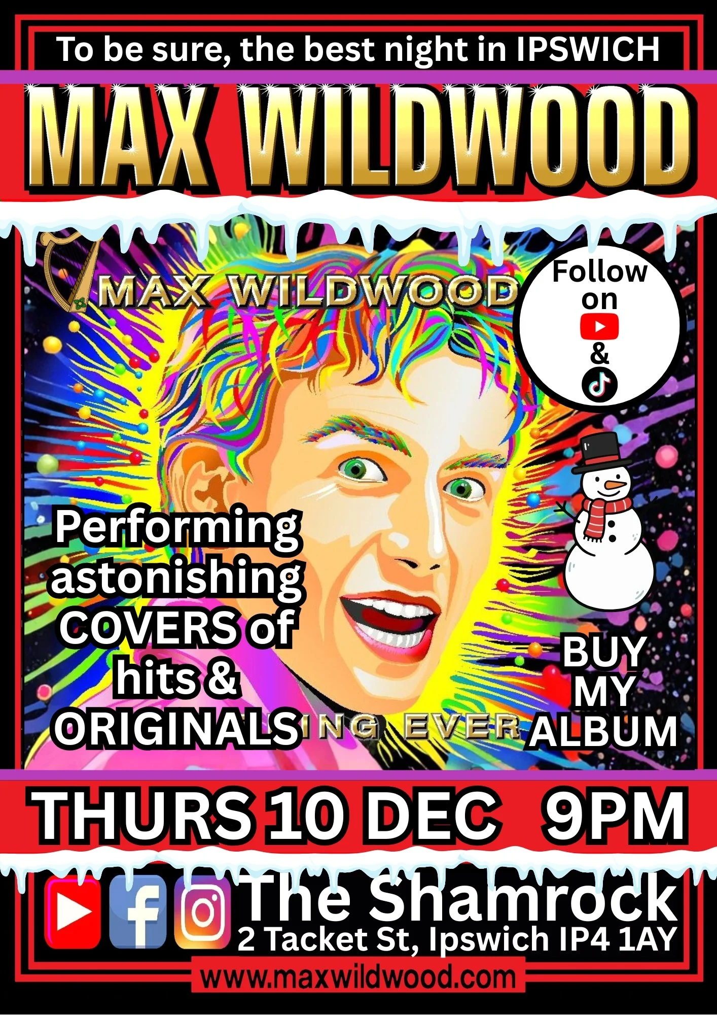 Promotional poster for Max Wildwood's album release event featuring a colorful illustrated portrait of Max Wildwood with rainbow hair, a snowman, and various graphic elements. The event details include date, time, location, and social media links.