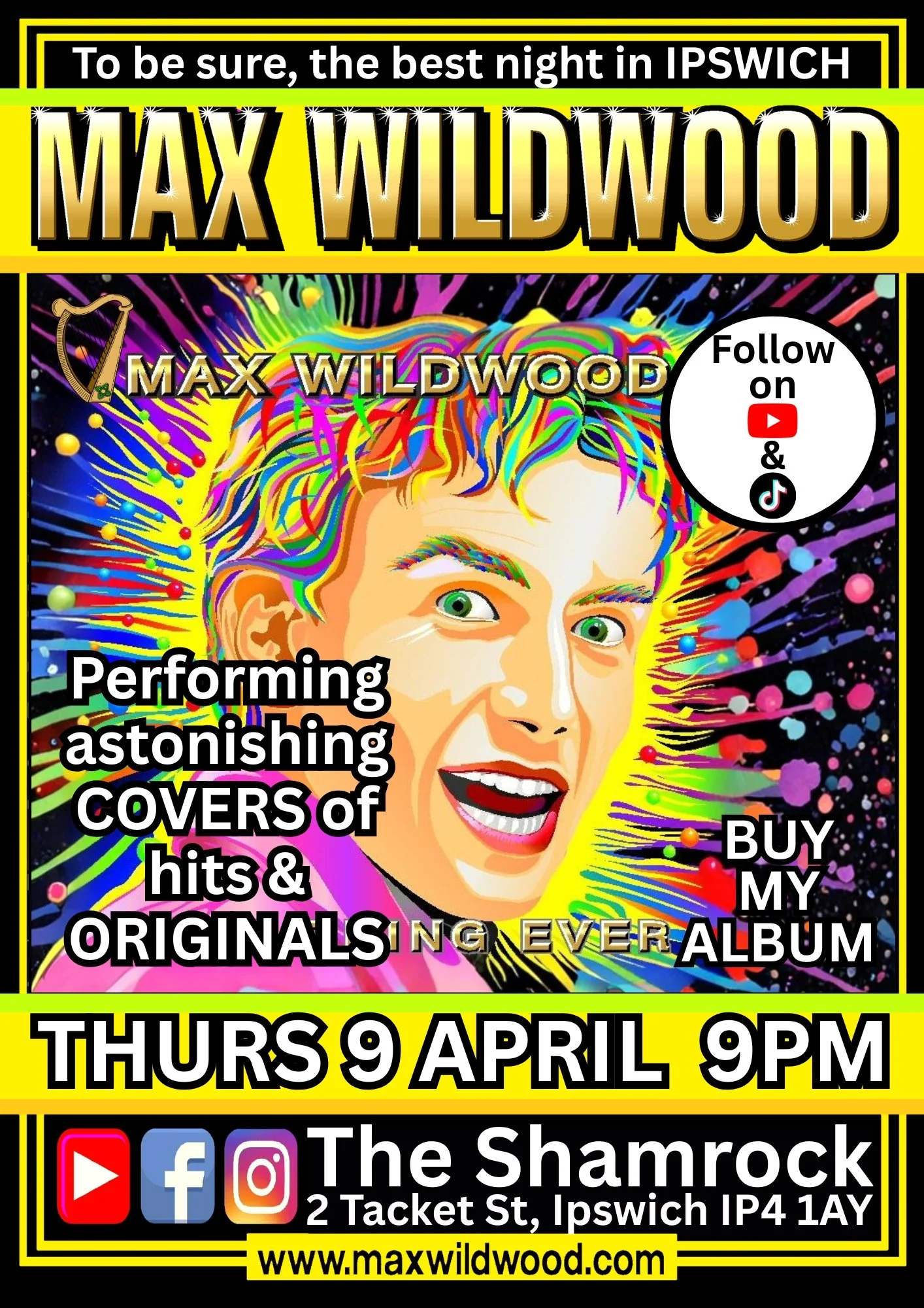 Colorful advertisement for Max Wildwood's album release event, featuring a stylized illustration of a smiling person with rainbow-colored hair and makeup, information about the event date, time, location, and social media links.
