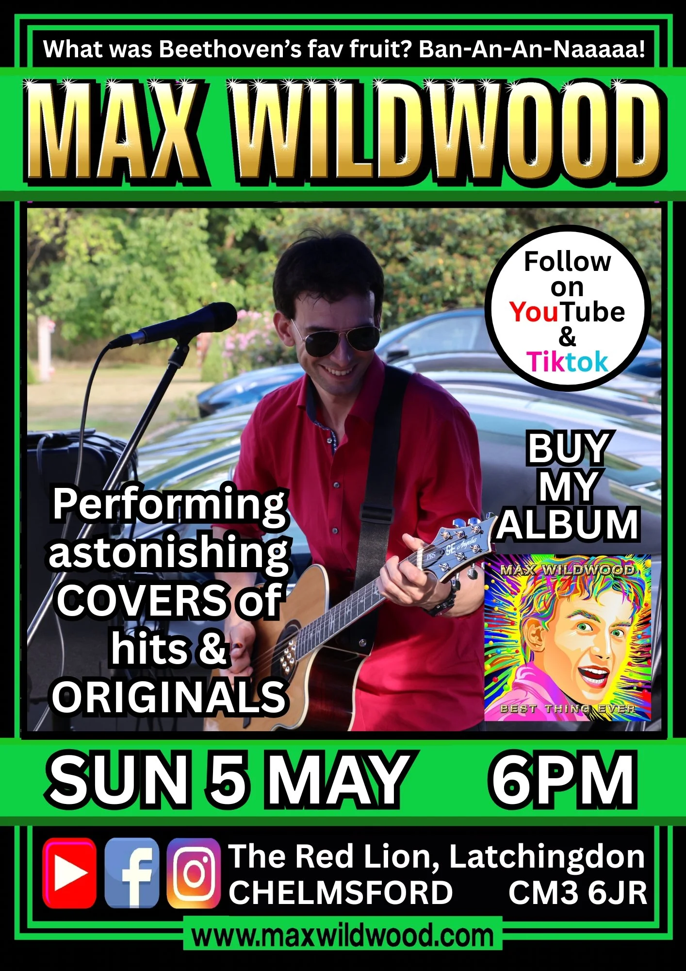 A colorful poster promoting Max Wildwood's live music performance. It features a man in sunglasses playing an acoustic guitar, with event details such as date, time, and social media links, and a vibrant album cover image at the bottom right.