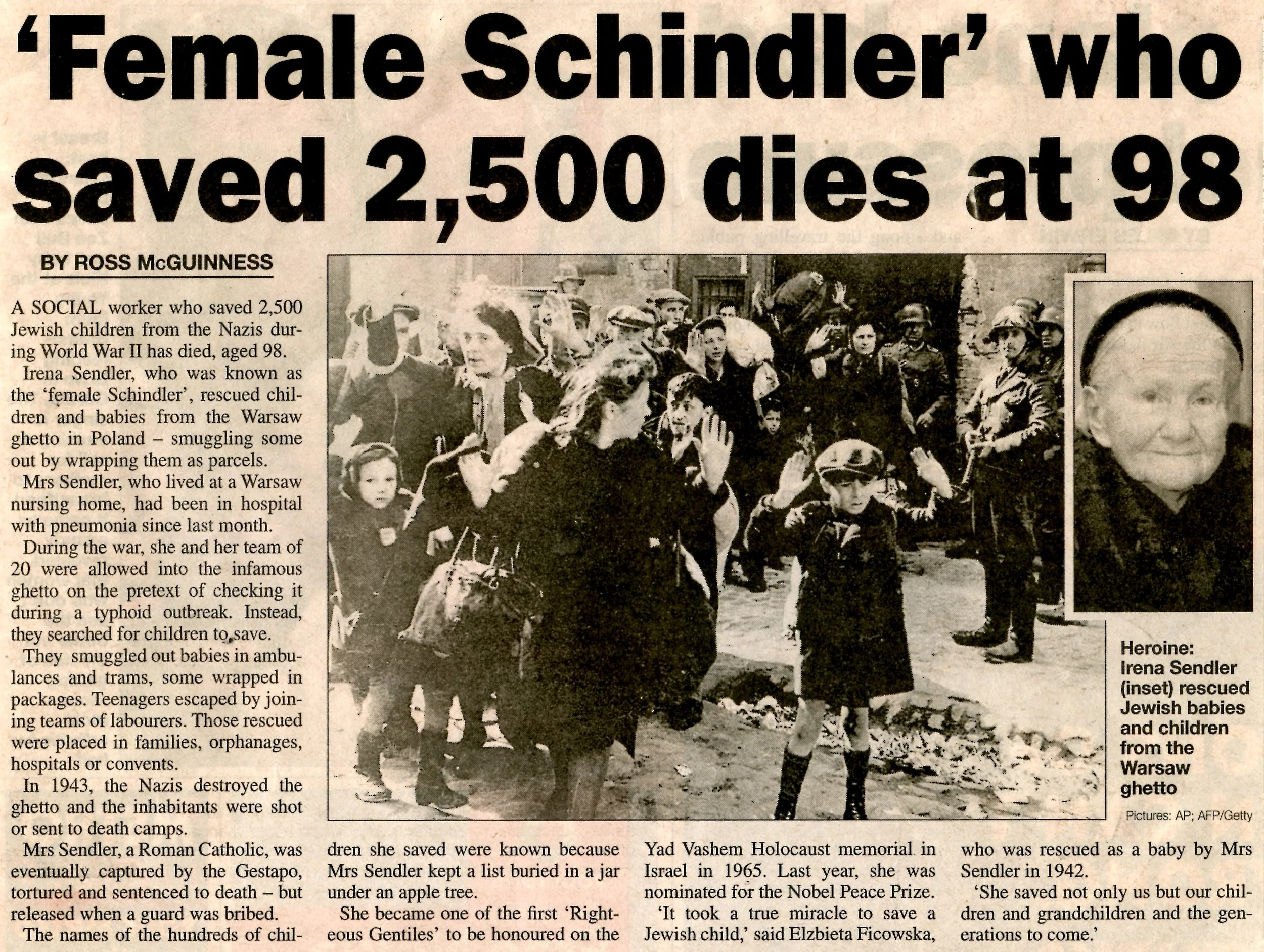 Recorte de periódico en el que se habla de irena Sendler