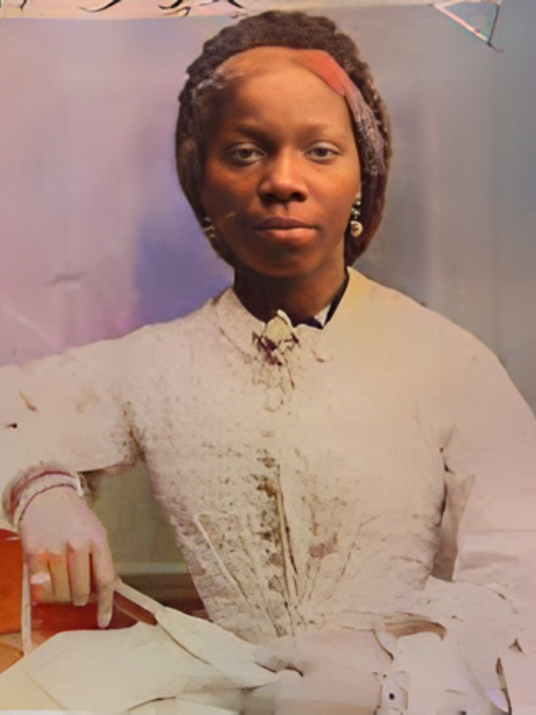 Mujer con cabello trenzado y accesorios, vestida con blusa clara, sentada en un escritorio con una pluma y papeles.
