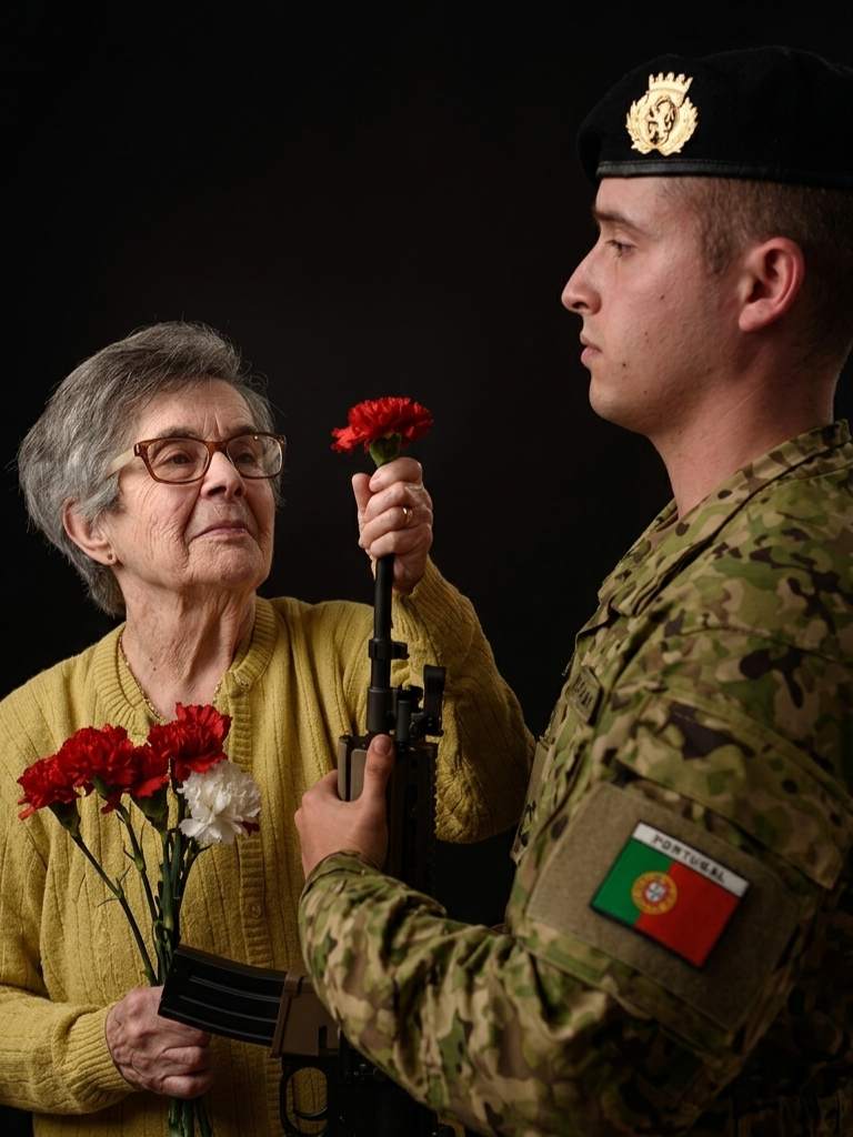 Celeste Caeiro en una foto de archivo poniendo un clavel en el fusil de un soldado