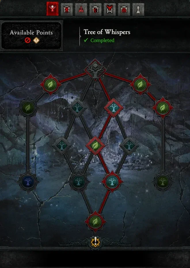 Diablo 4 War Plans tree for the Tree of Whispers, with Cliptis' chosen path highlighted in red