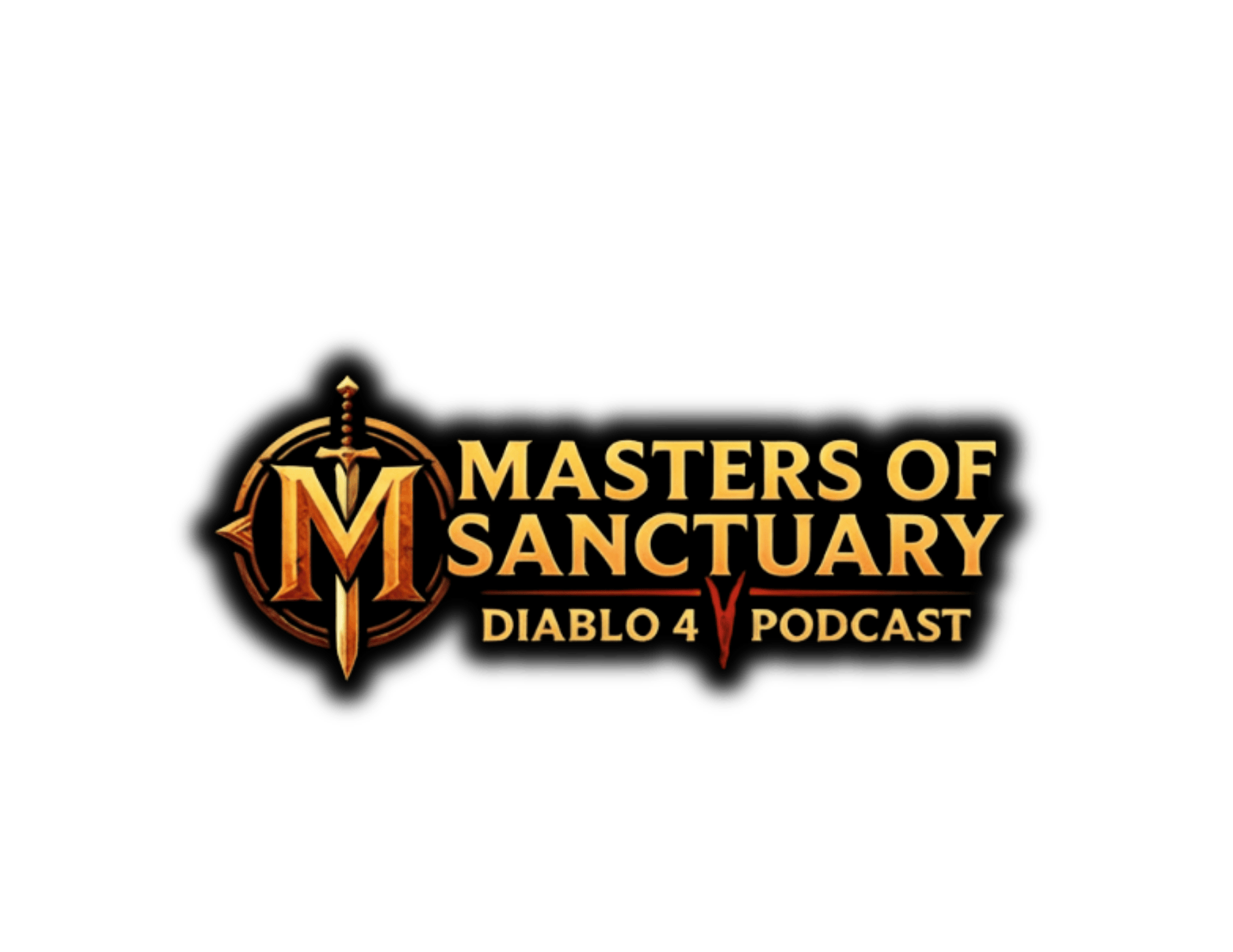 Logo for 'Masters of Sanctuary Diablo 4 Podcast' featuring a stylized sword and shield design with gold and black colors.