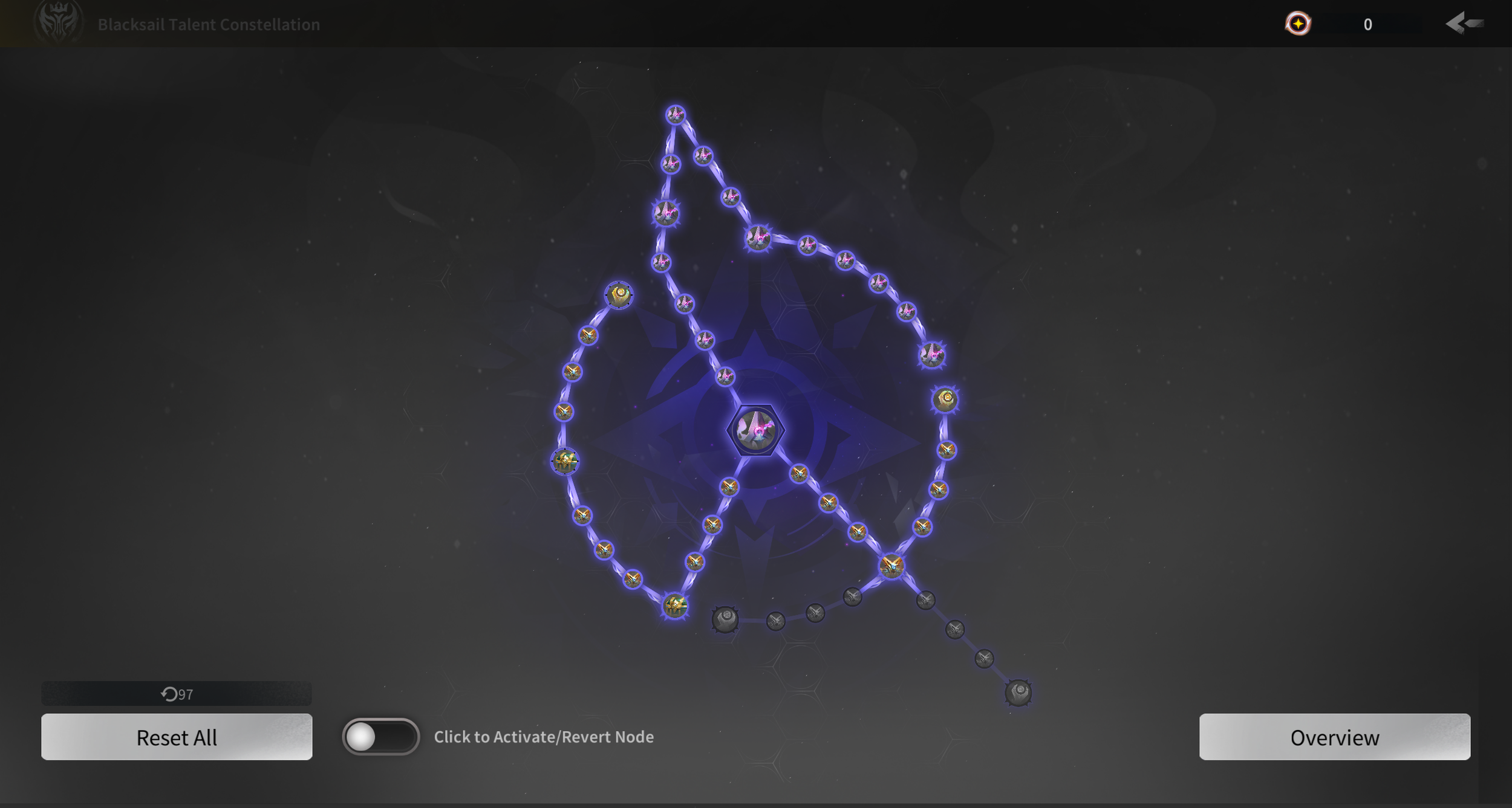 Blacksail Void Chart with the upper guaranteed encounter route and selected farming nodes illuminated