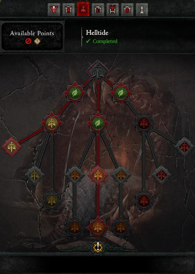 Diablo 4 War Plans tree for Helltide, with Cliptis' chosen path highlighted in red
